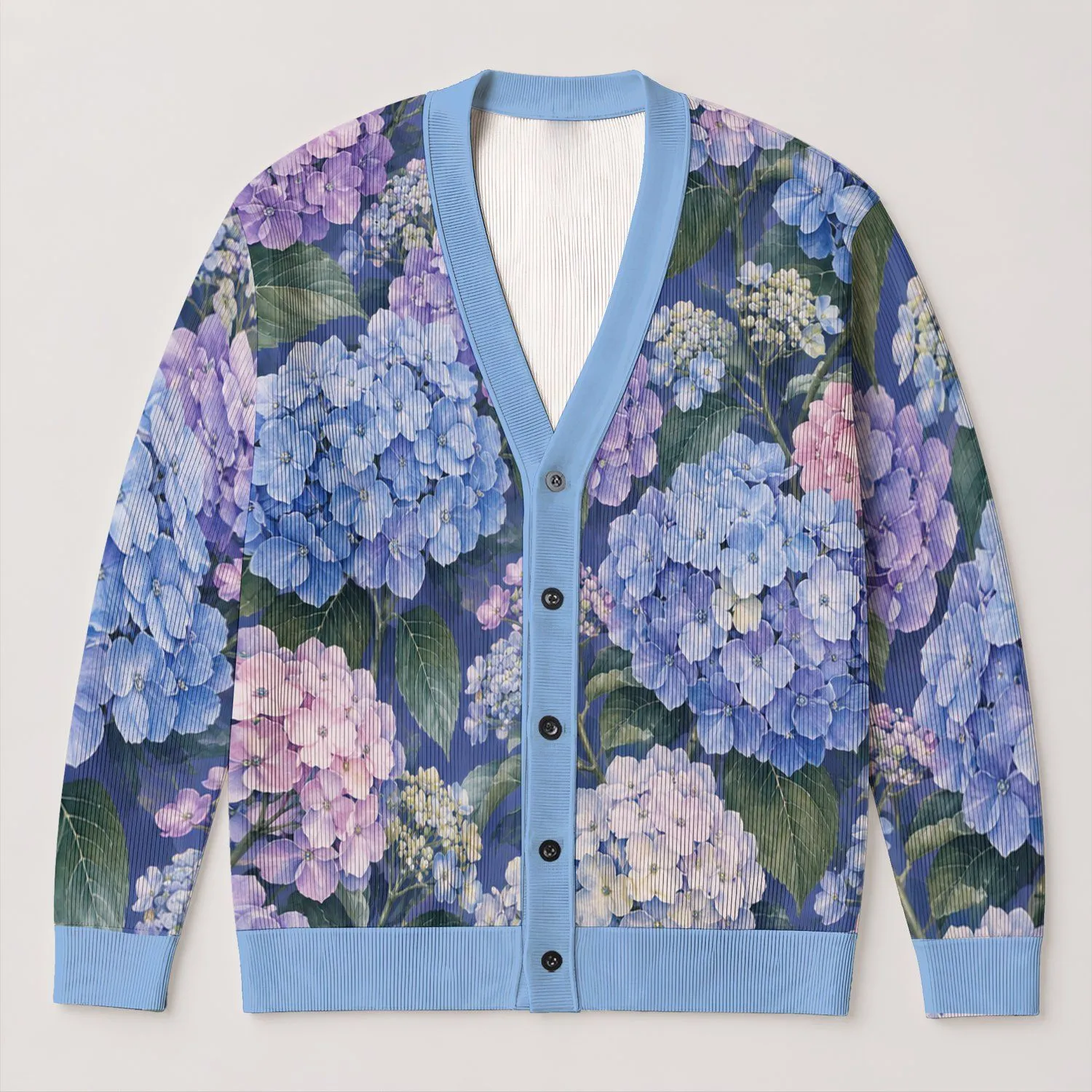 Blue Hydrangea Blossoms for Relaxed Garden Gatherings and Everyday Summer Layering All-over Print Knitted Cardigan - 1