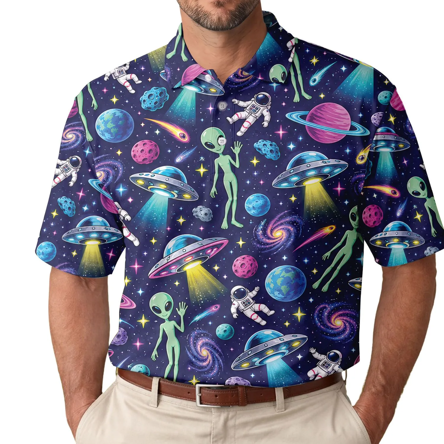 Funny Green Aliens and Flying Saucers for Stargazing and Sci-Fi Fans Men's Polo Shirt - 1