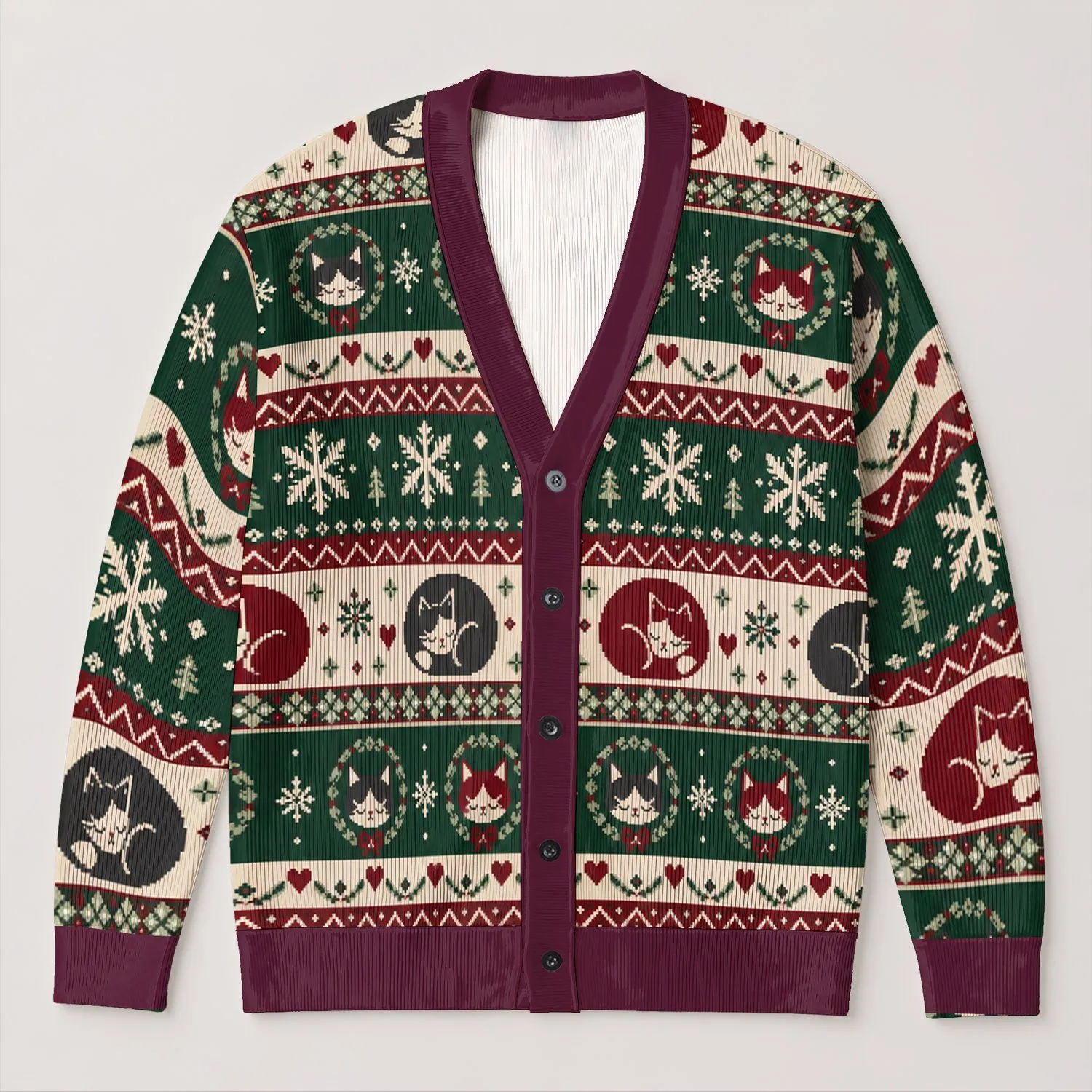 Christmas Cat Snowflakes and Retro Holiday Bands for Cozy Winter Layering for Men All-over Print Knitted Cardigan - 1
