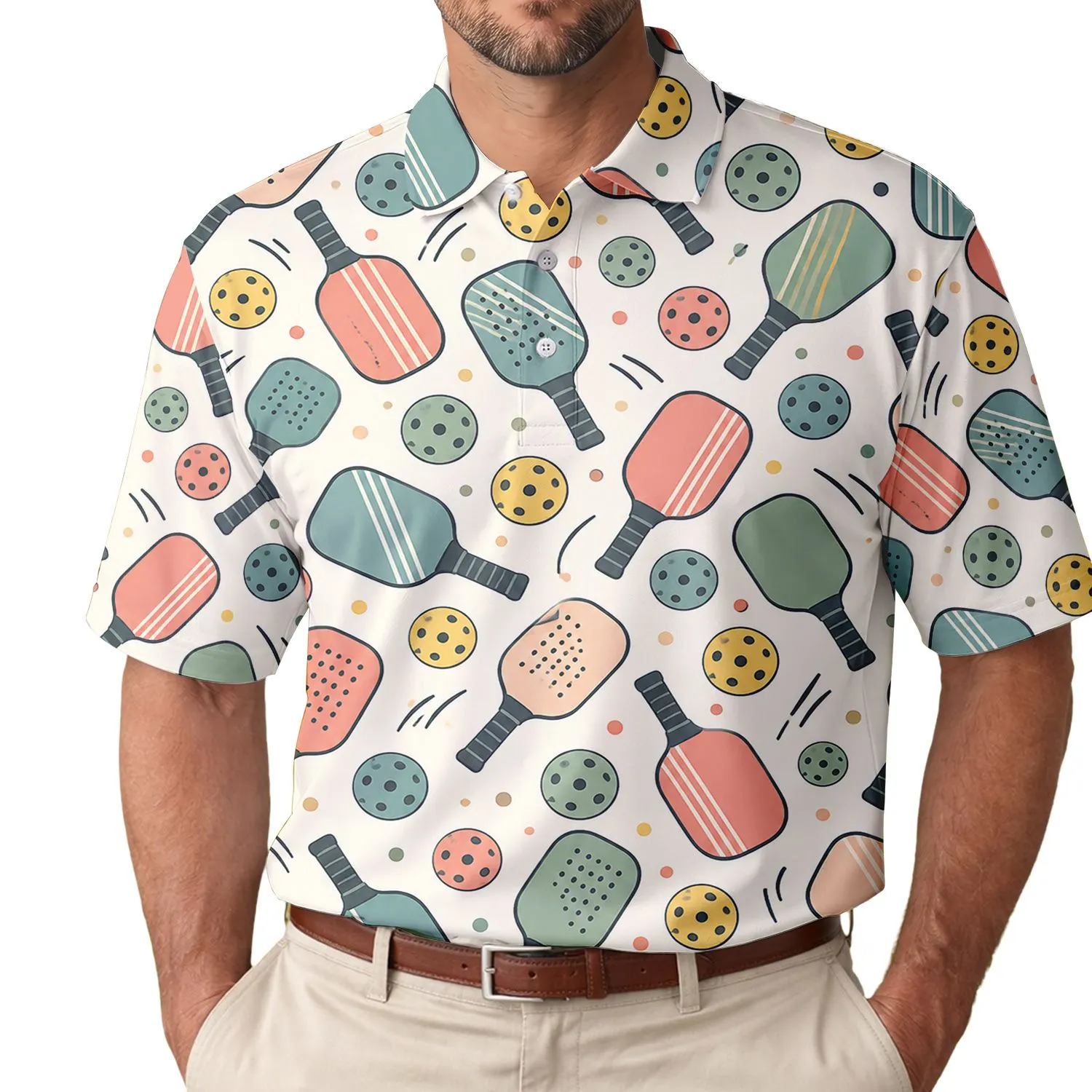 Colorful Pickleball Paddles And Balls For Sunny Summer Court Days With Women Players Men's Polo Shirt - 1