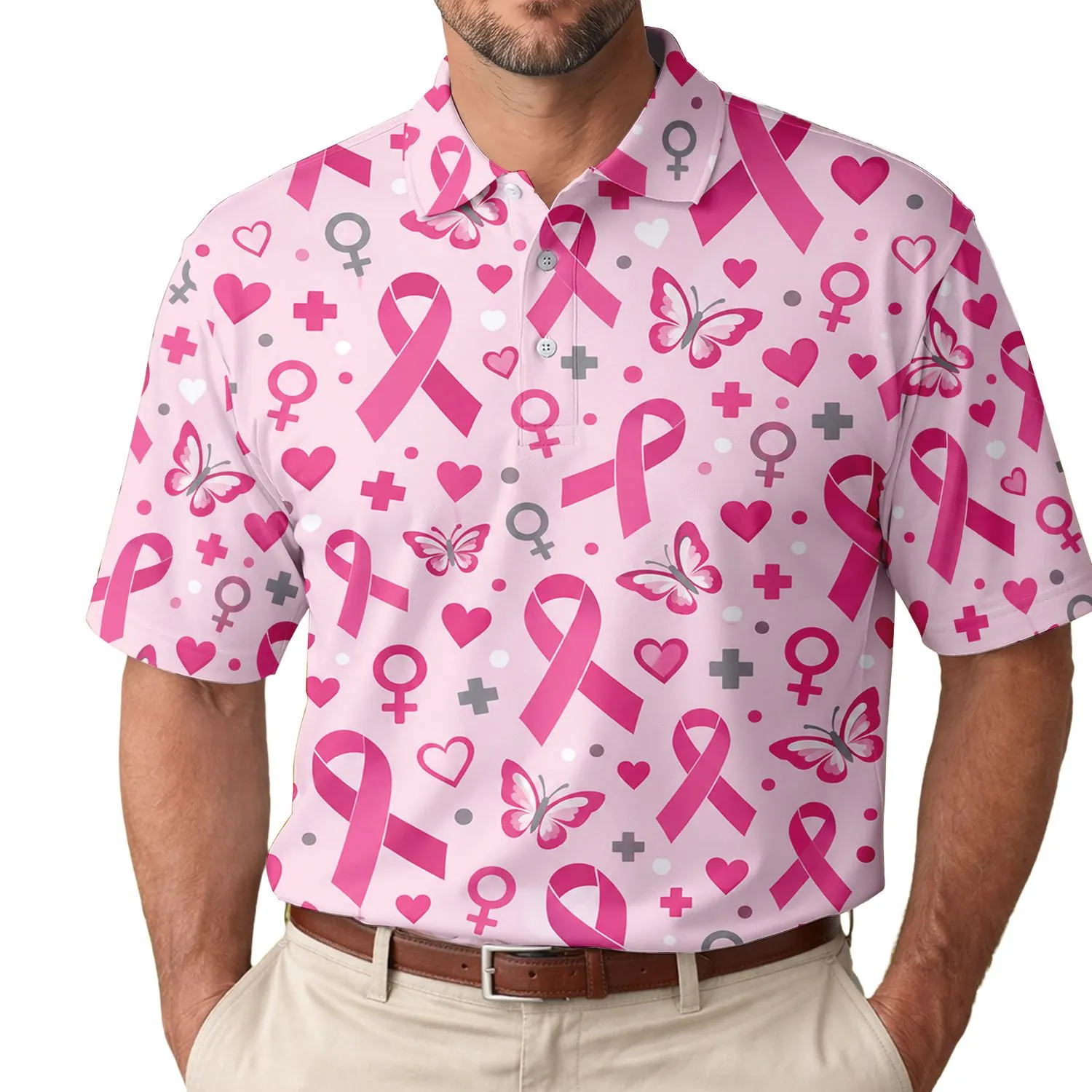Pink Ribbon Hearts for Breast Cancer Awareness and Survivor Support Gifts Men's Polo Shirt - 1