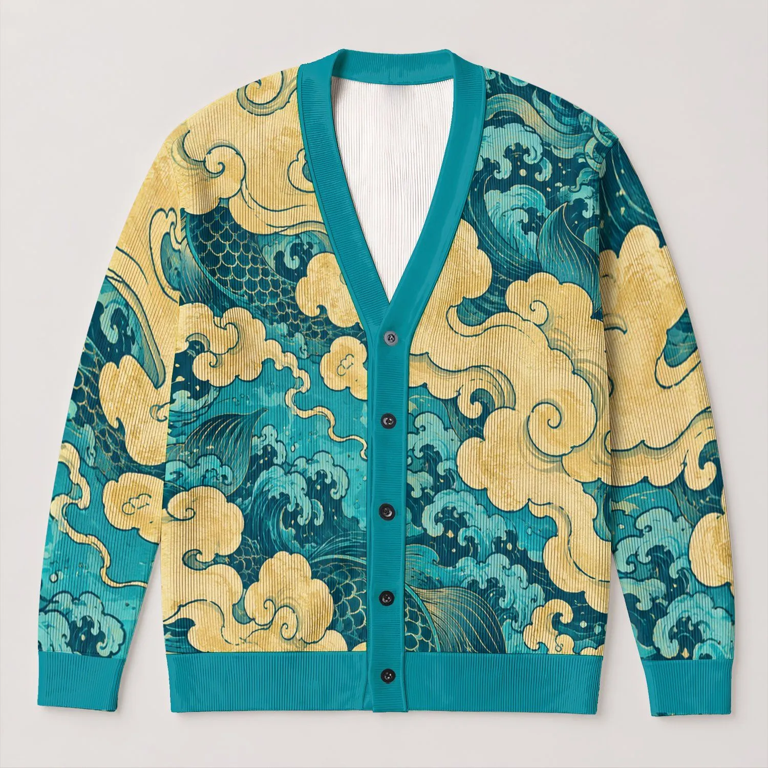 Golden Cloud Dragon Motifs for Relaxed Streetwear Layers and Evening Lounging for Men All-over Print Knitted Cardigan - 1