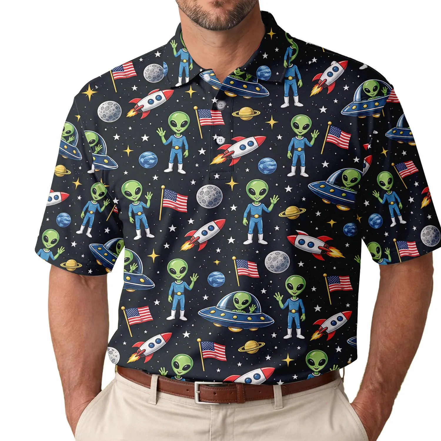 Green Aliens, UFOs and American Flags for Fourth of July Space-Themed Golf Outings Men's Polo Shirt - 1