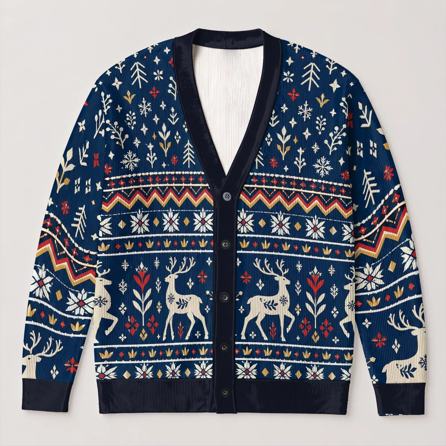 Nordic Reindeer Fair Isle Holiday Motif for Cozy Winter Layering, Men's Style All-over Print Knitted Cardigan - 1