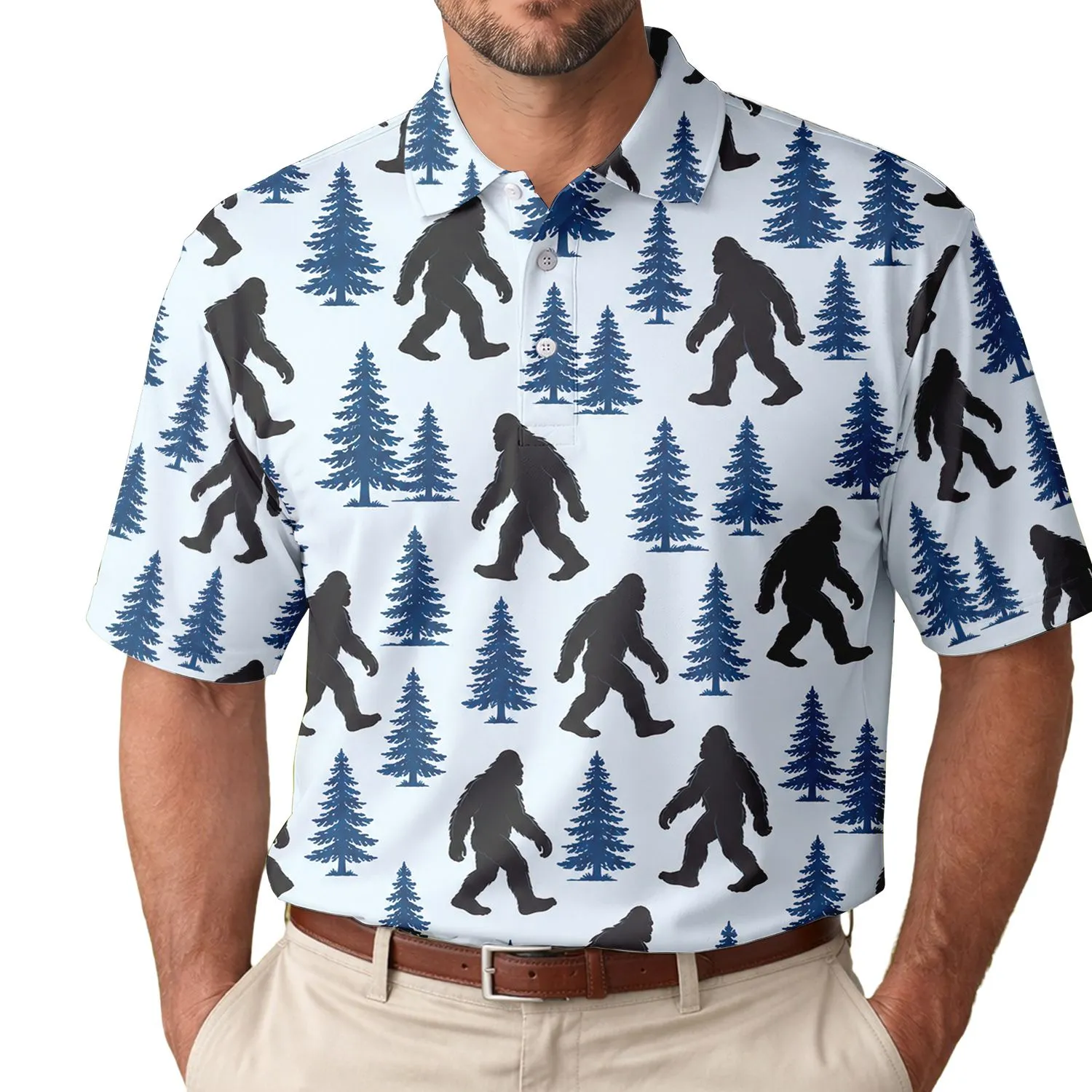 Bigfoot Sasquatch And Pine Trees For Golf Days And Outdoor Adventure Enthusiasts Gift Men's Polo Shirt - 1