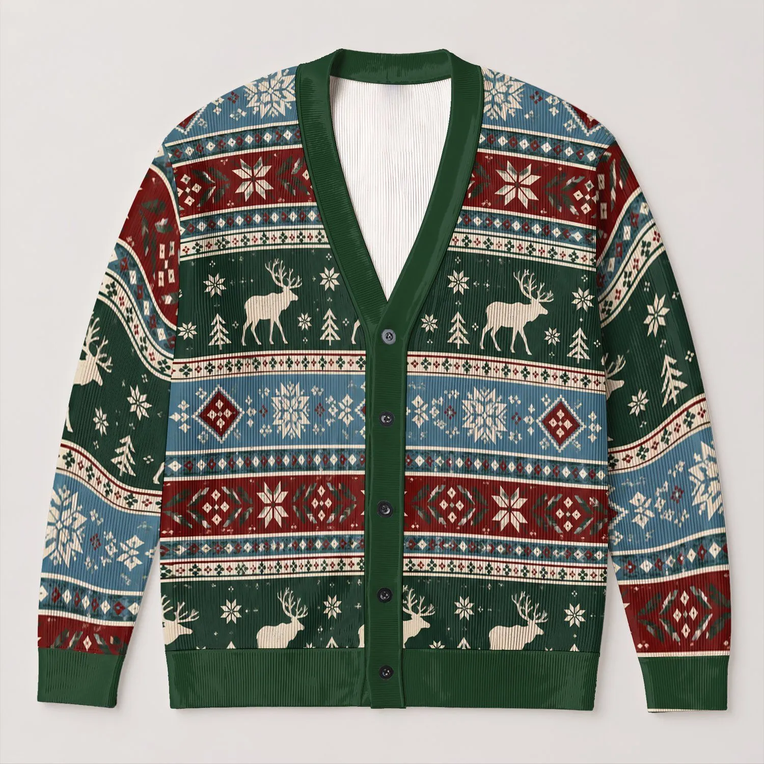 Nordic Elk Snowflake Fair Isle Motifs for Cozy Holiday Layering and Winter Style All-over Print Knitted Cardigan - 1