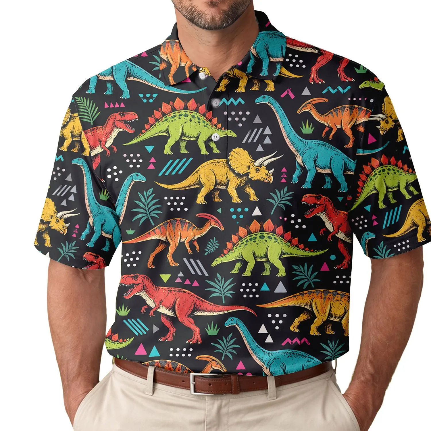 Colorful Retro Dinosaurs for Summer Golf Days and Playful Outdoor Adventures for All Men's Polo Shirt - 1