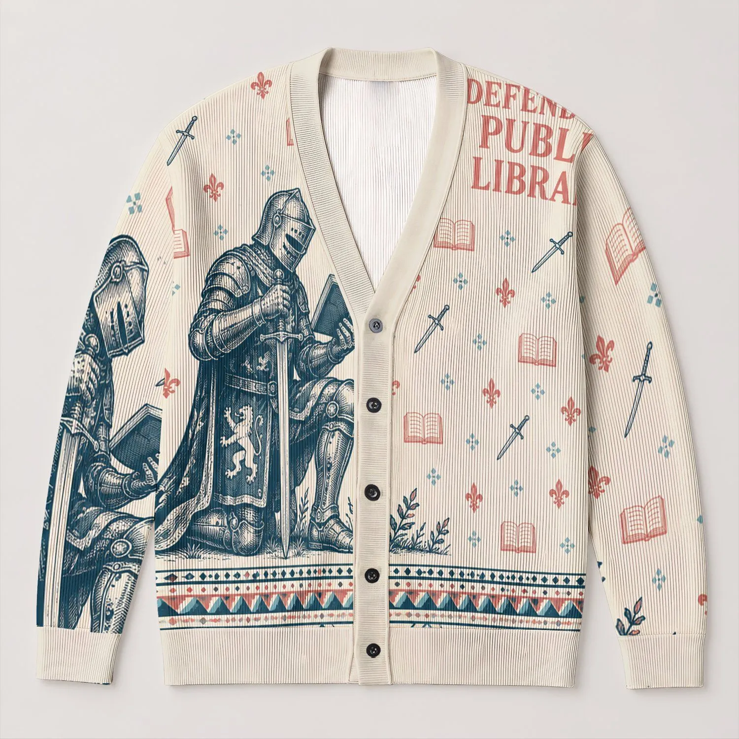 Armored Library Knight Motif for Casual Layering and Bookish Everyday Wear for Readers All-over Print Knitted Cardigan - 1