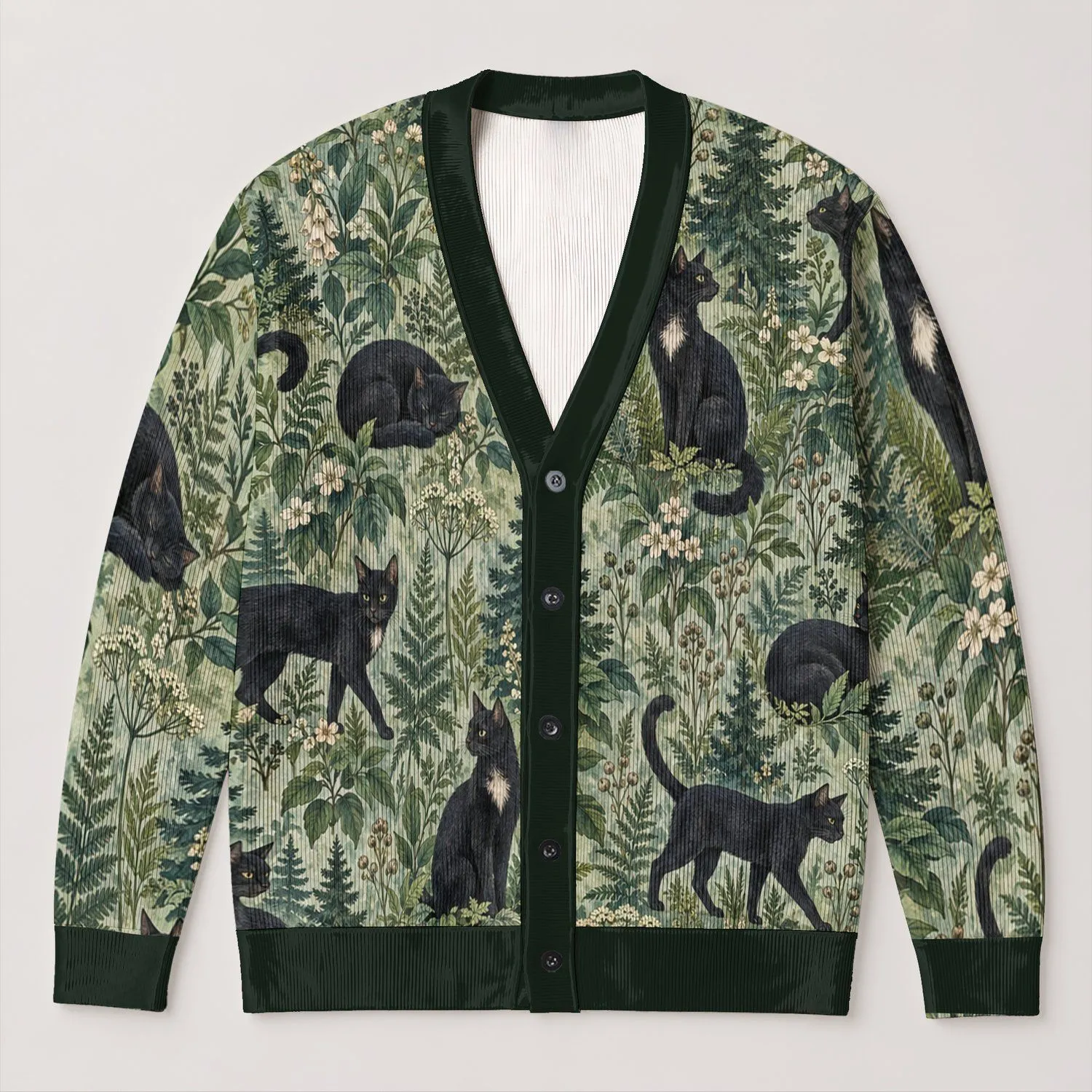 Black Cat Woodland Foliage For Cozy Everyday Layering And Nature Loving Women Gift All-over Print Knitted Cardigan - 1