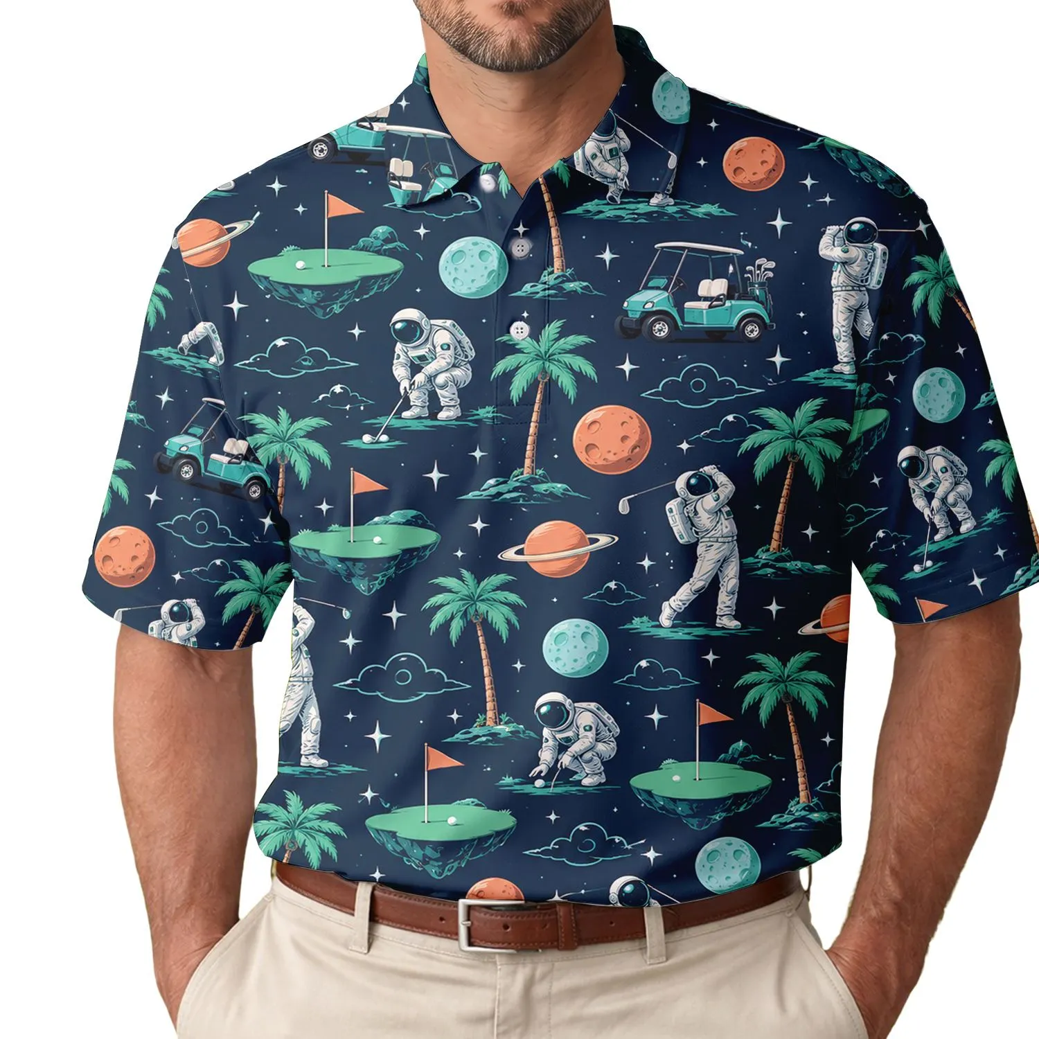 Astronaut Golf Scene for Space-Loving Summer Rounds and Weekend Course Adventures Men's Polo Shirt - 1