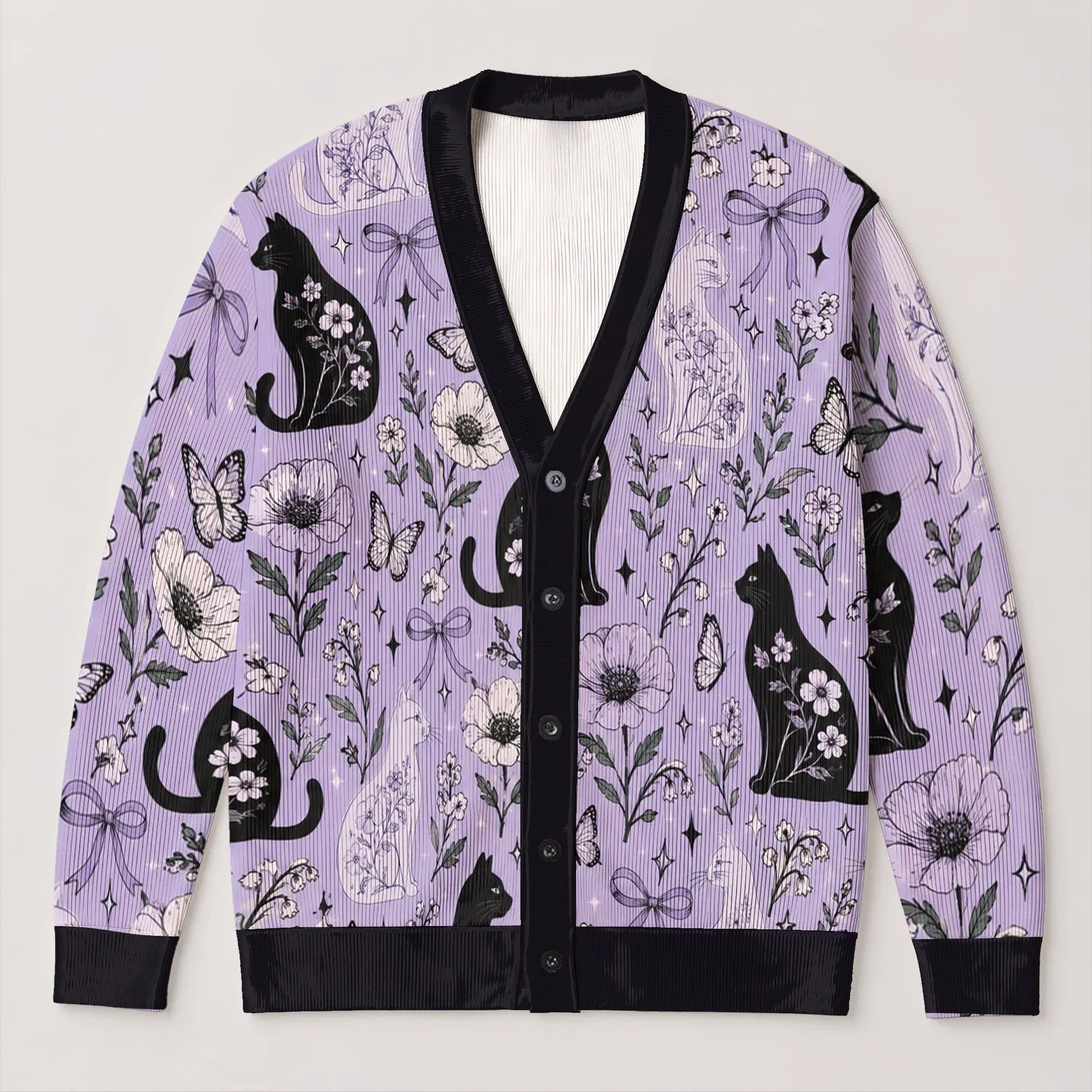 Black Cat Floral Butterfly Motif for Cozy Everyday Layering, Women’s Casual Gift Idea All-over Print Knitted Cardigan - 1
