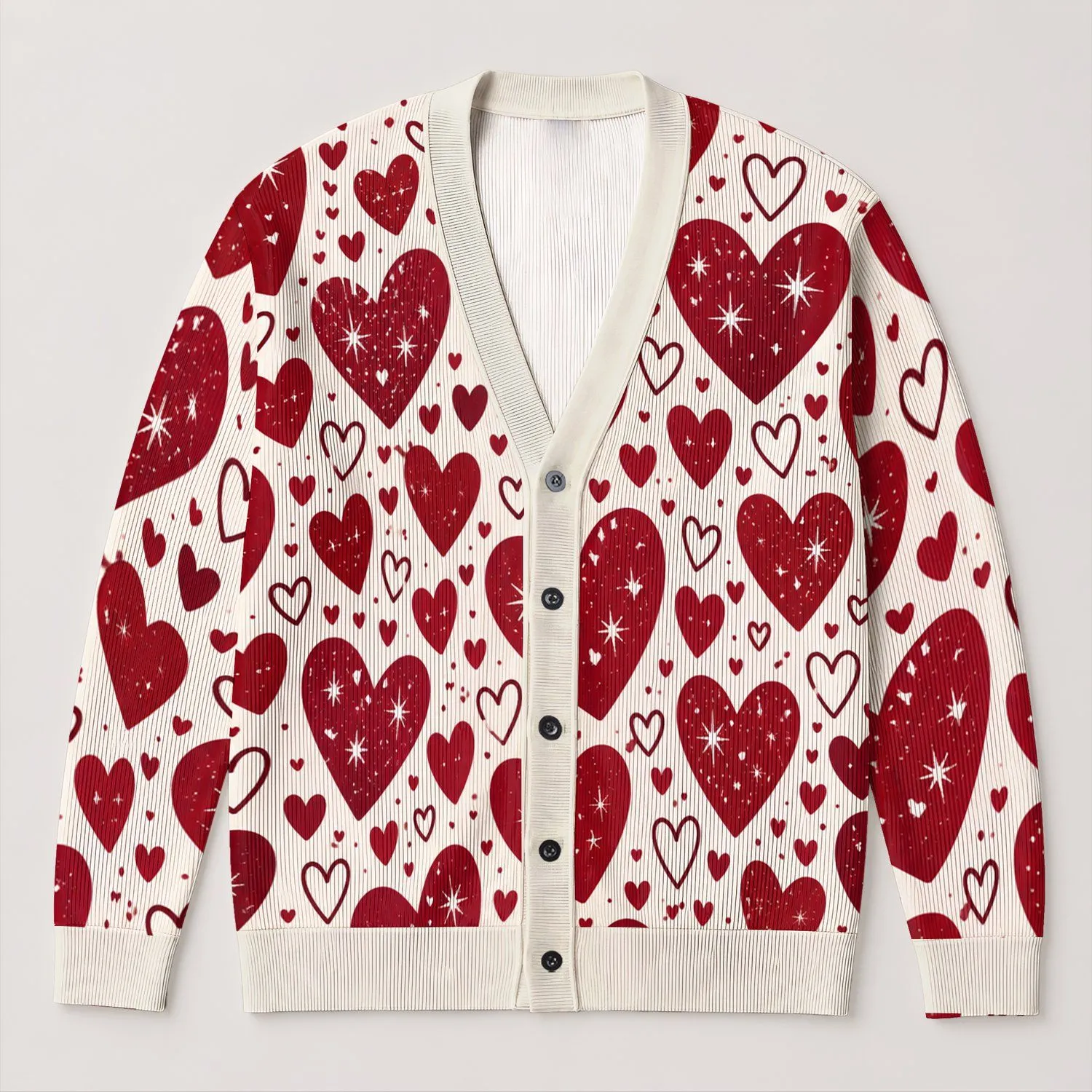 Red Heart Motif For Valentine Date Nights And Everyday Romance, Women's Casual Style All-over Print Knitted Cardigan - 1