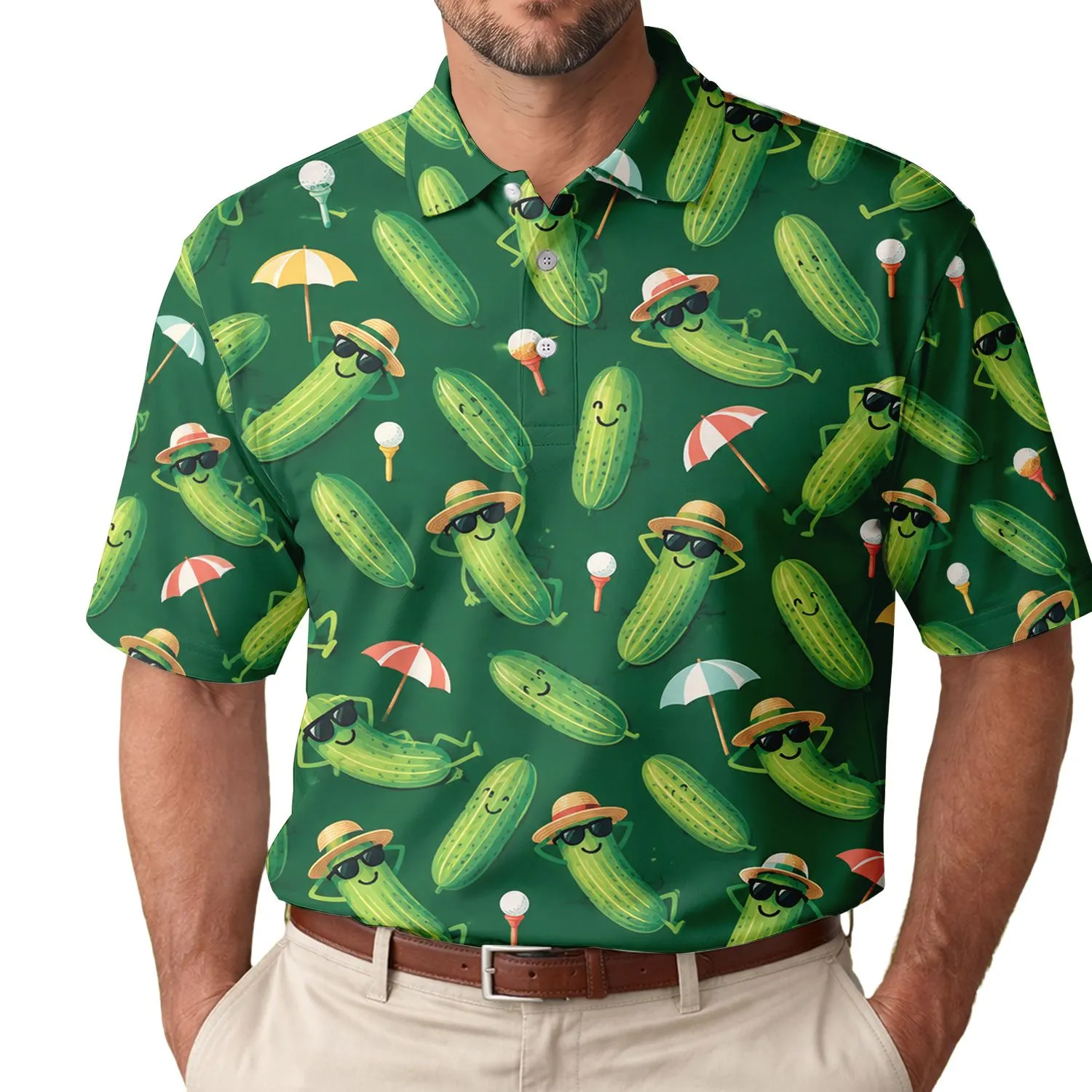 Playful Cucumber Summer Motifs for Beach Days, Holiday Golf and Backyard Parties Men's Polo Shirt - 1