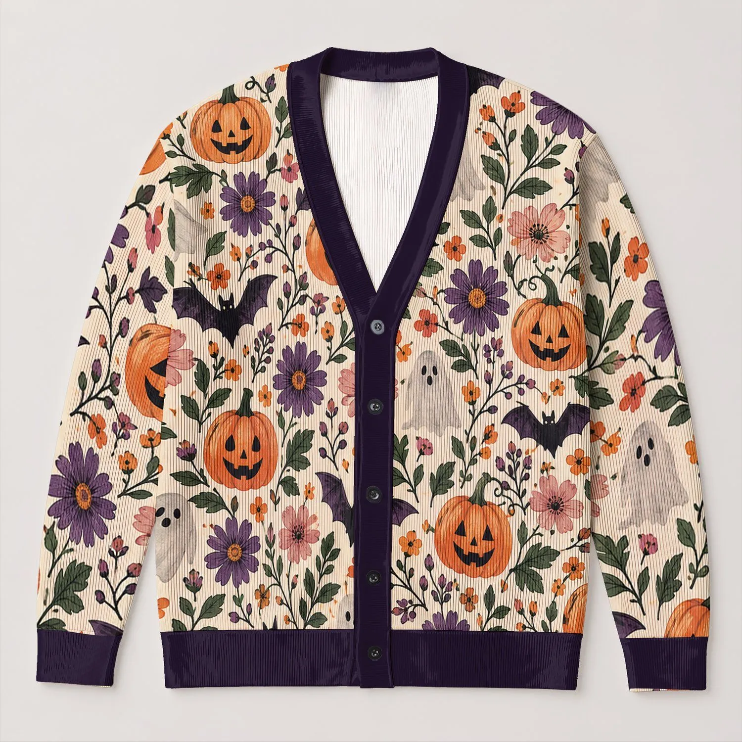 Halloween Pumpkins, Bats and Floral Blooms for Autumn Party Style Plus Size Women All-over Print Knitted Cardigan - 1