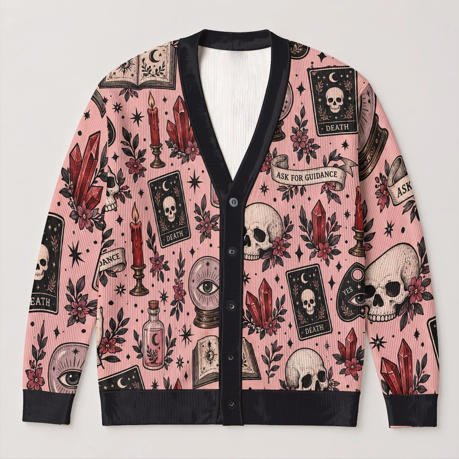 Mystical Skulls and Potion Symbols for Everyday Layering, Alternative Style Gift Lovers All-over Print Knitted Cardigan - 1