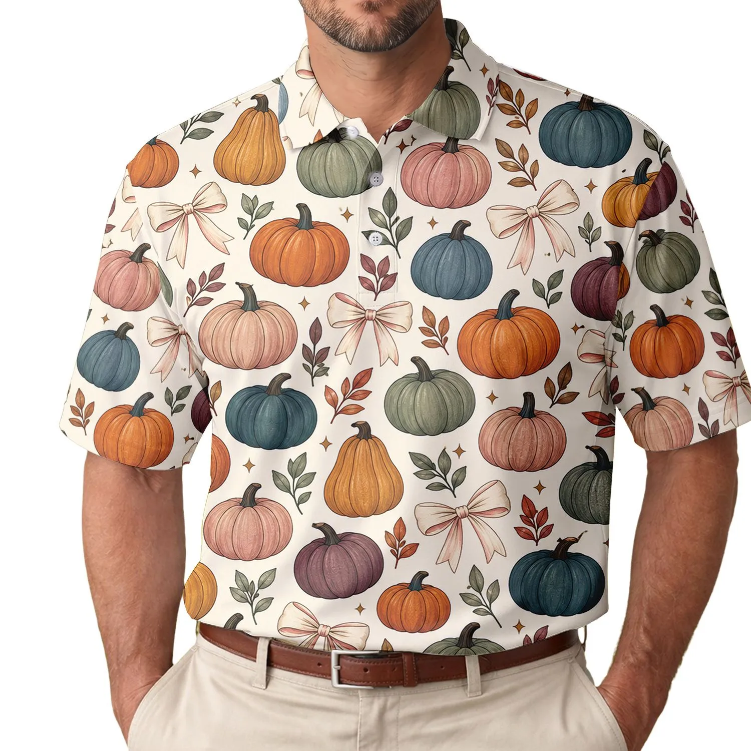 Autumn Pumpkin and Coquette Bow Harvest Style for Thanksgiving Golf and Fall Outings Men's Polo Shirt - 1