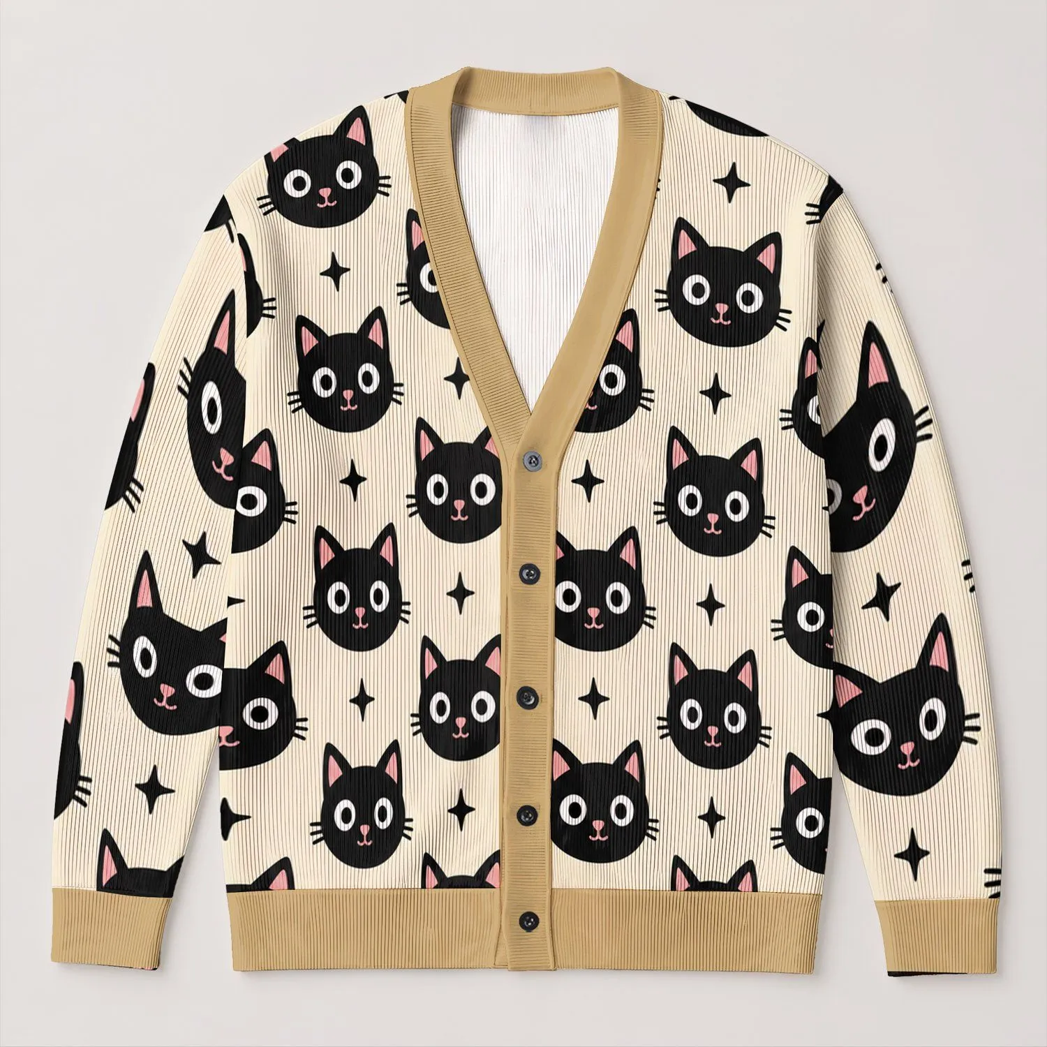Whimsical Black Cat Faces With Pink Ears For Cozy Everyday Layering And Gifts All-over Print Knitted Cardigan - 1