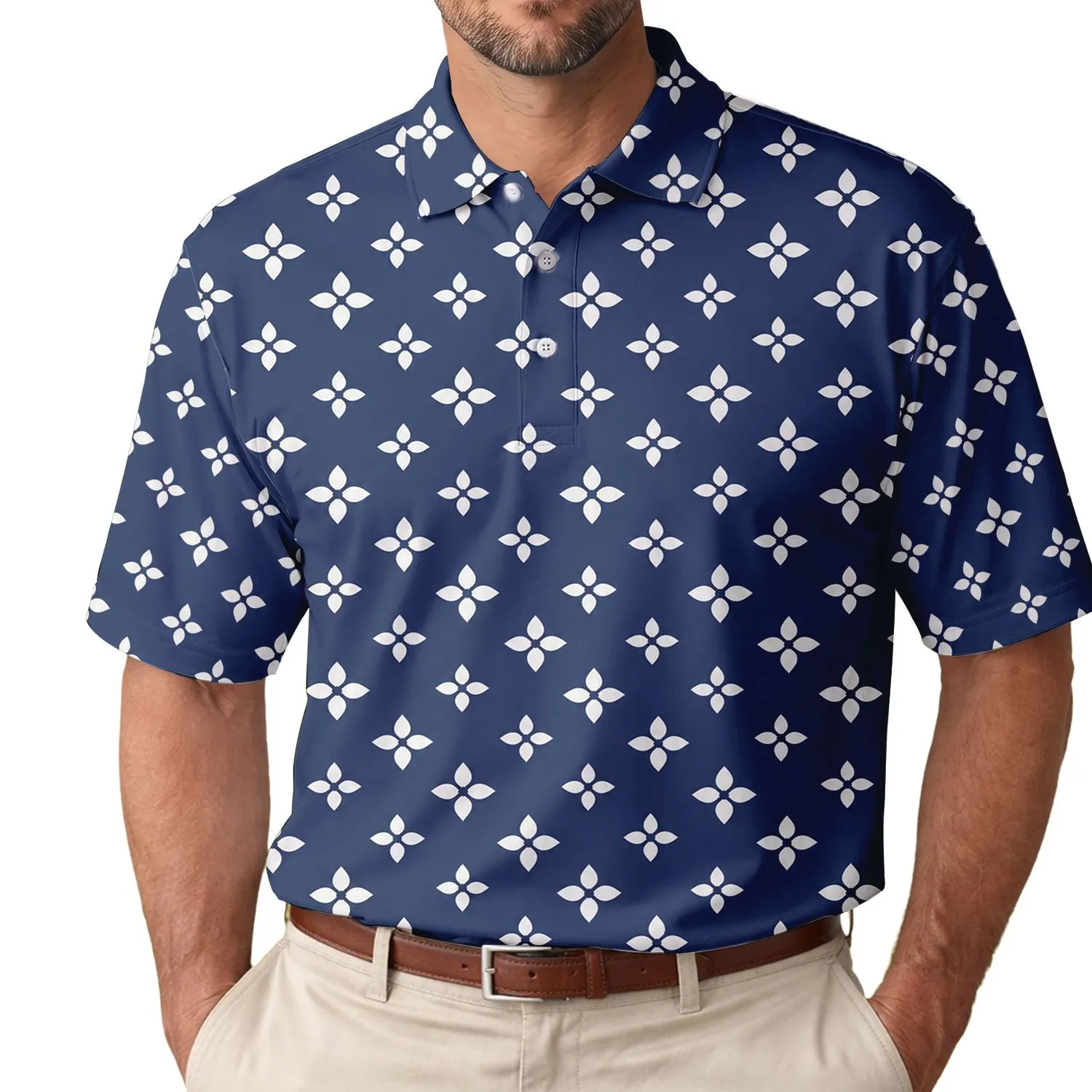 Navy Floral Motif for Golf and Pickleball Days, Active Outdoor Players and Fans Men's Polo Shirt - 1