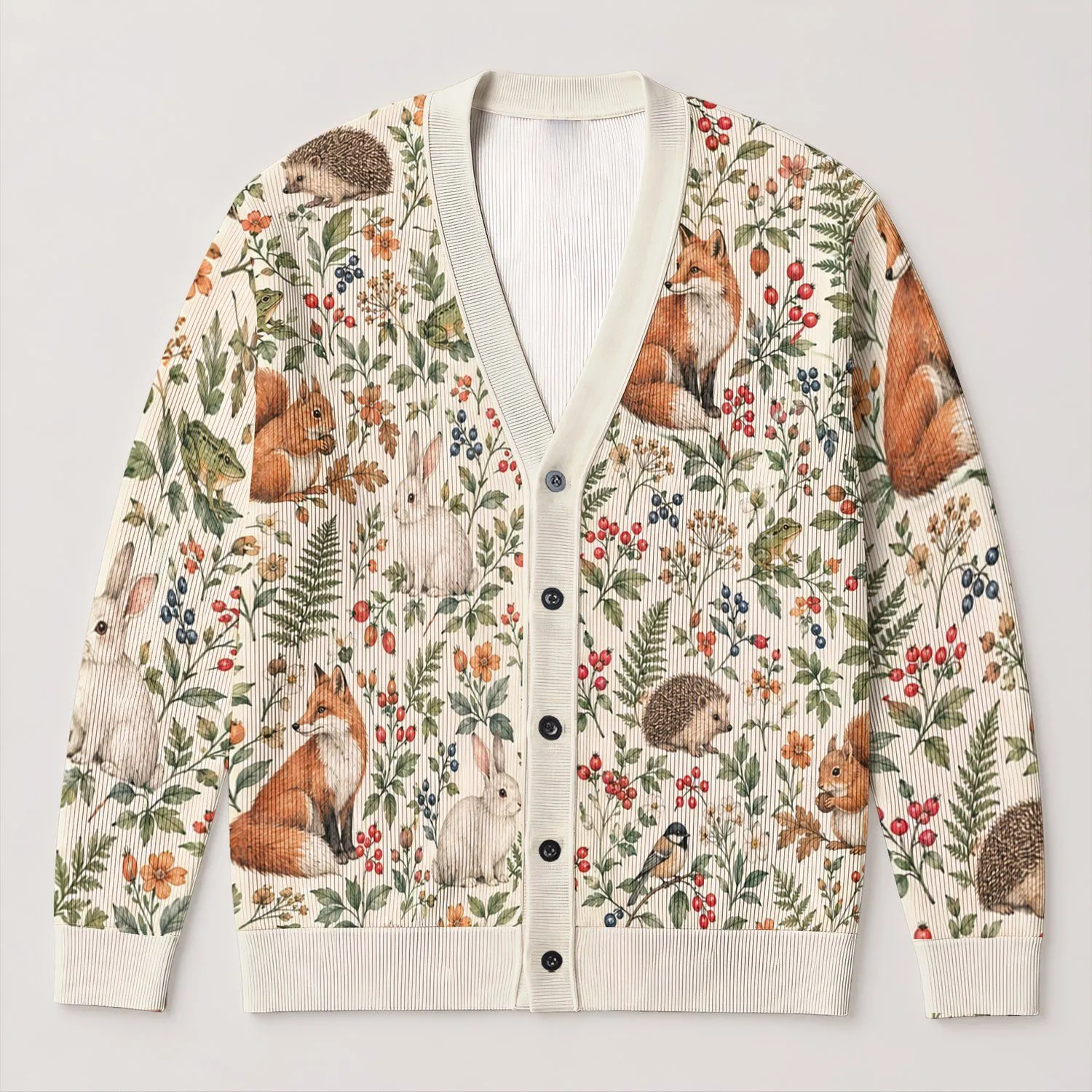 Woodland Fox Rabbit and Hedgehog Holiday Gatherings Gift for Women Nature Lovers All-over Print Knitted Cardigan - 1