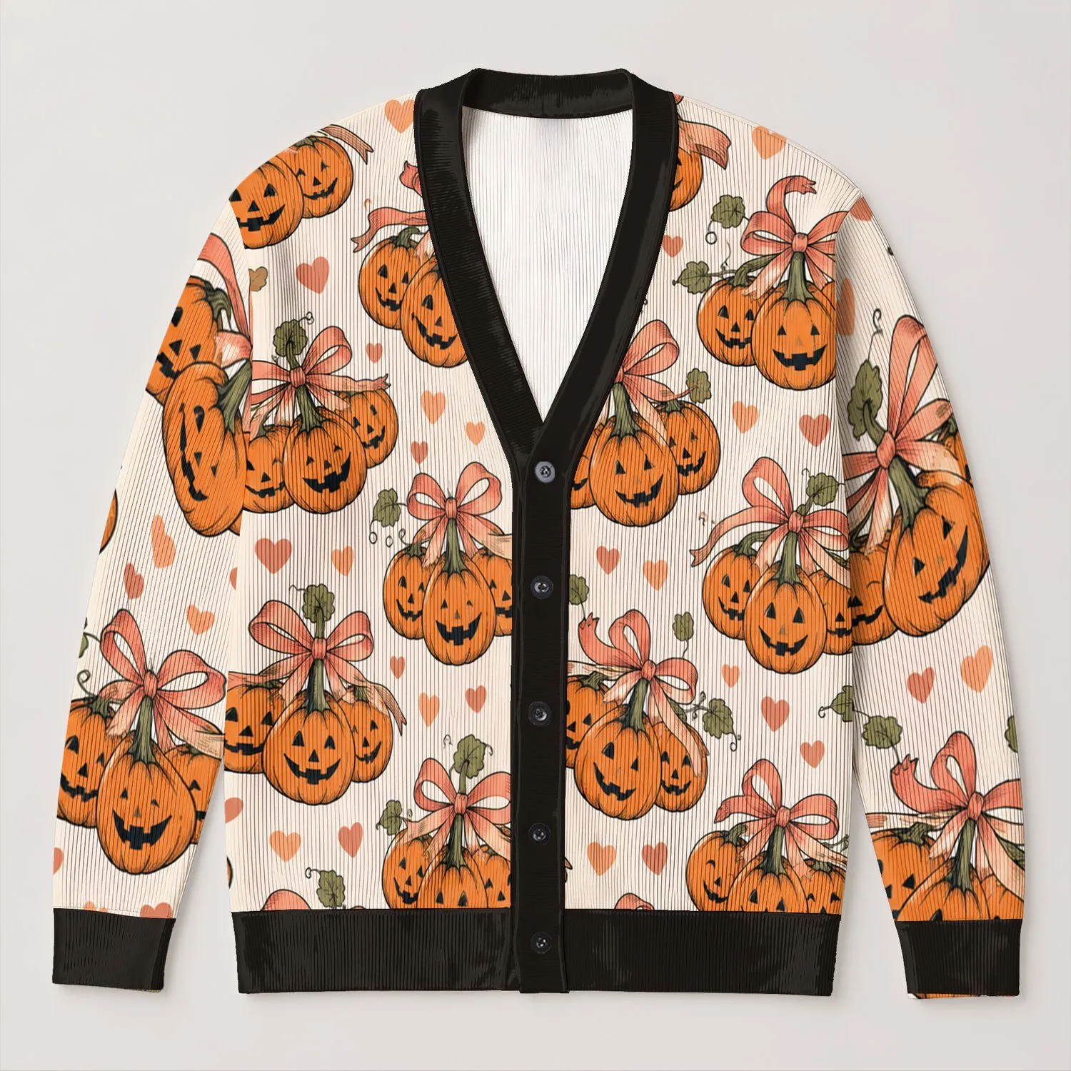 Halloween Pumpkin Bows And Hearts For Cozy Autumn Layering And Festive Gatherings All-over Print Knitted Cardigan - 1