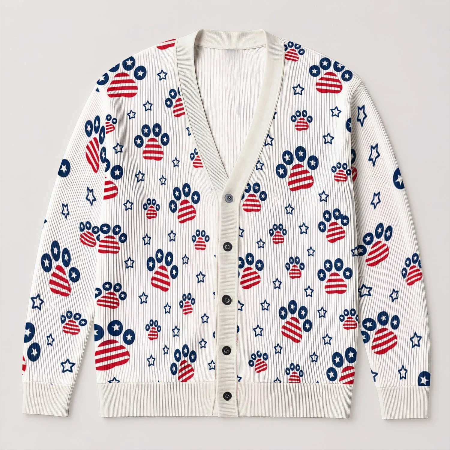 Patriotic Flag Paw Prints for Everyday Americana Style, Dog Lovers and Proud Pet Moms All-over Print Knitted Cardigan - 1