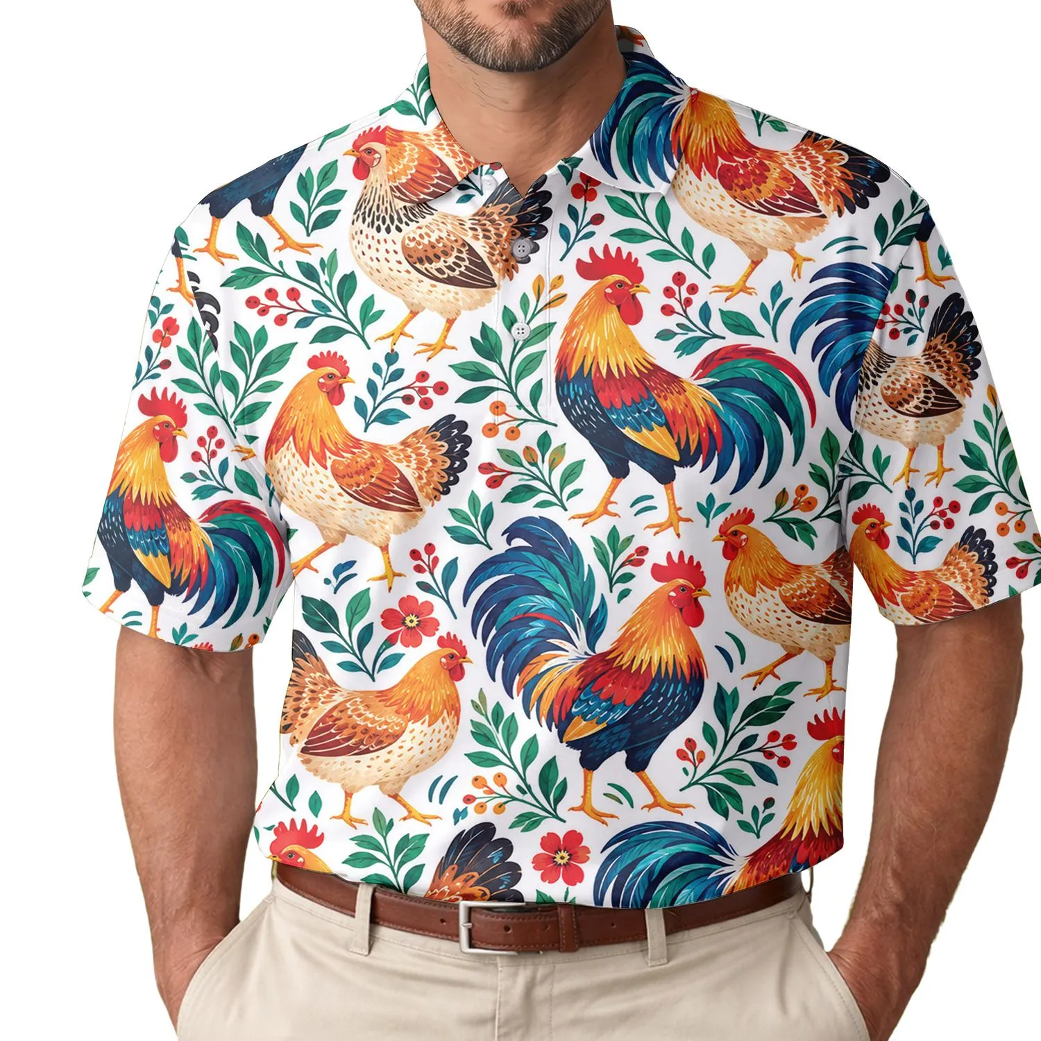 Colorful Rooster Birds for Golf Fairways and Pickleball Weekends, Sporty Style for Him Men's Polo Shirt - 1