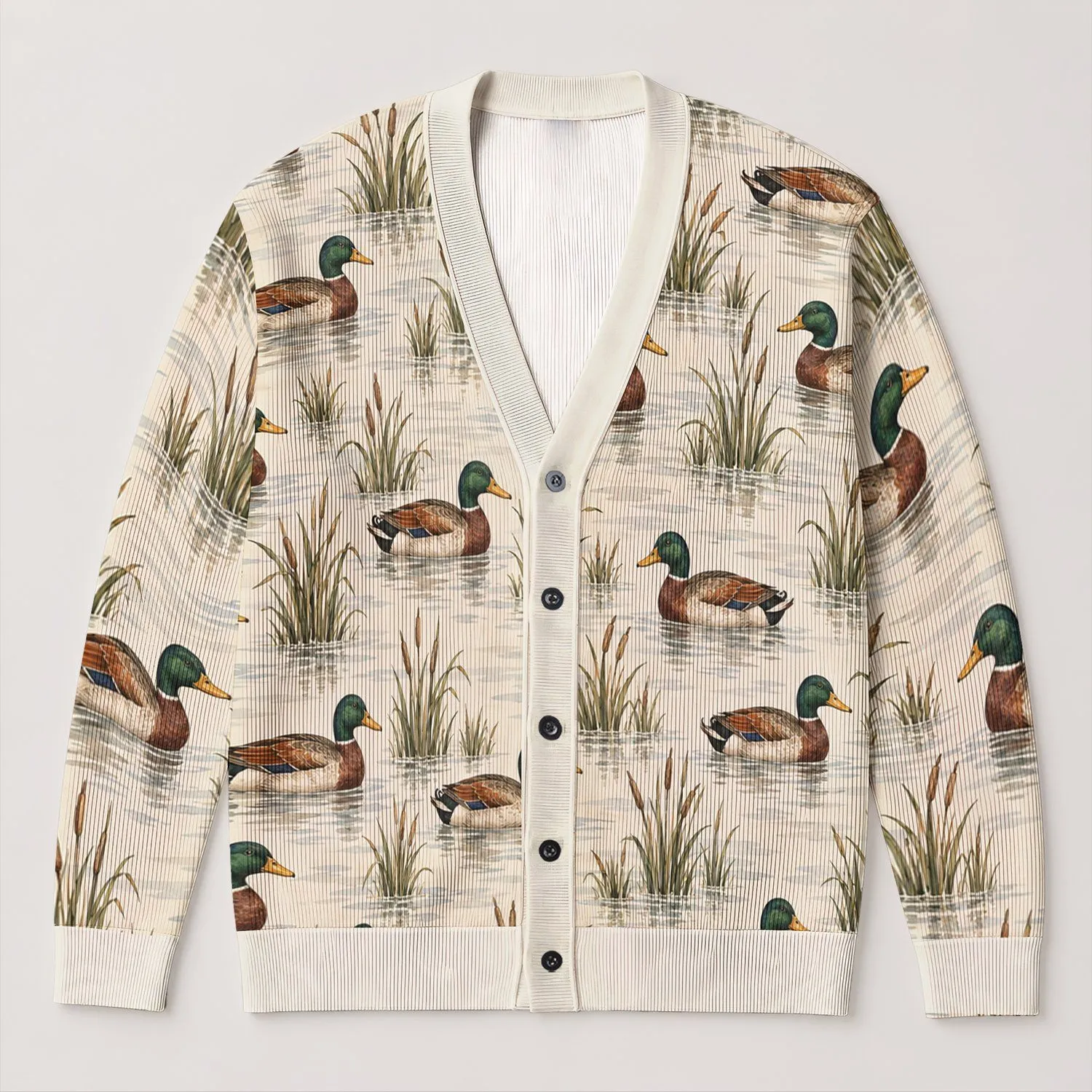 Green-Headed Mallard Ducks for Relaxed Lakeside Layering and Everyday Nature Style All-over Print Knitted Cardigan - 1