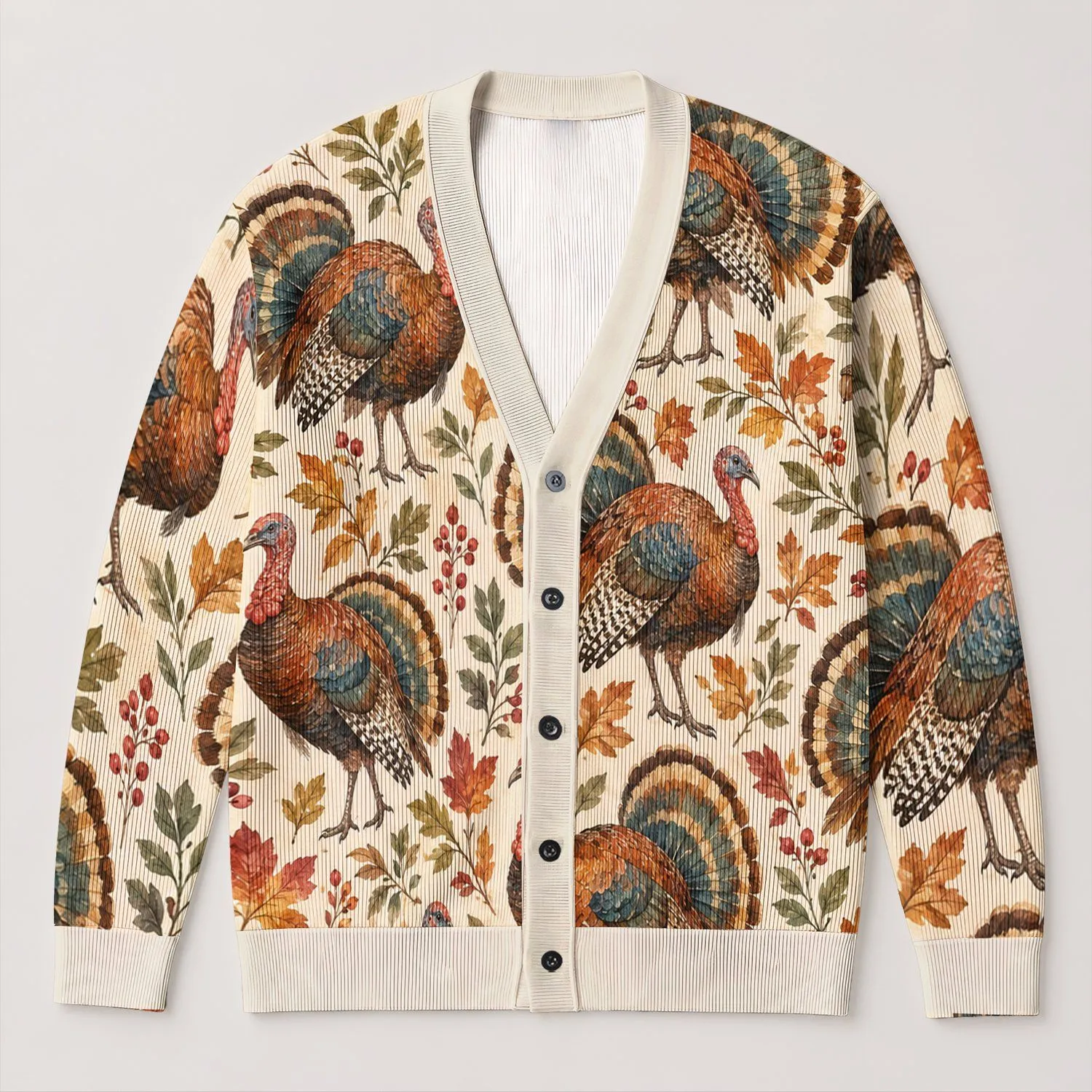 Watercolor Turkey Autumn Harvest Motifs for Thanksgiving Gatherings and Cozy Layering All-over Print Knitted Cardigan - 1
