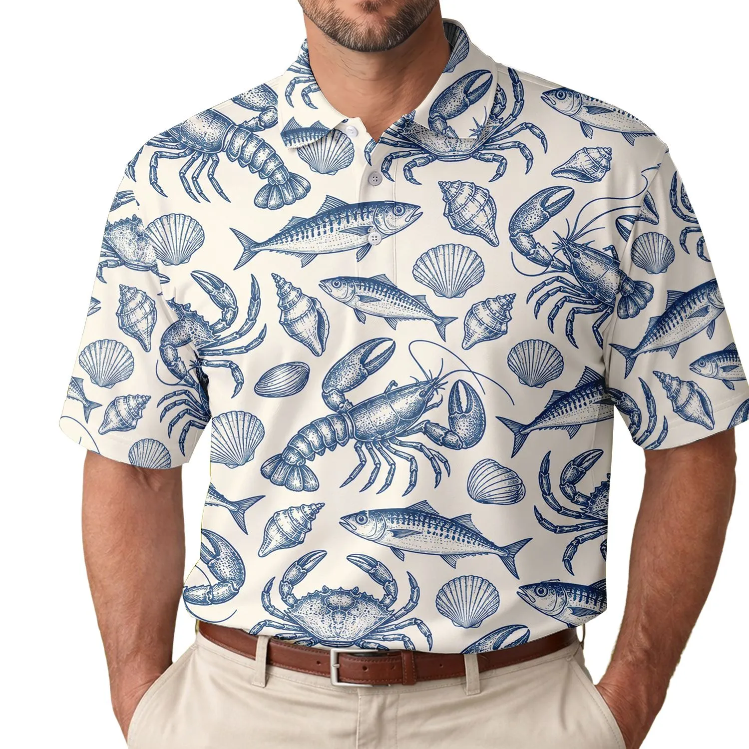 Seafood Fish Crab Lobster Motif For Golf Tennis And Pickleball Lovers, Coastal Style Men's Polo Shirt - 1