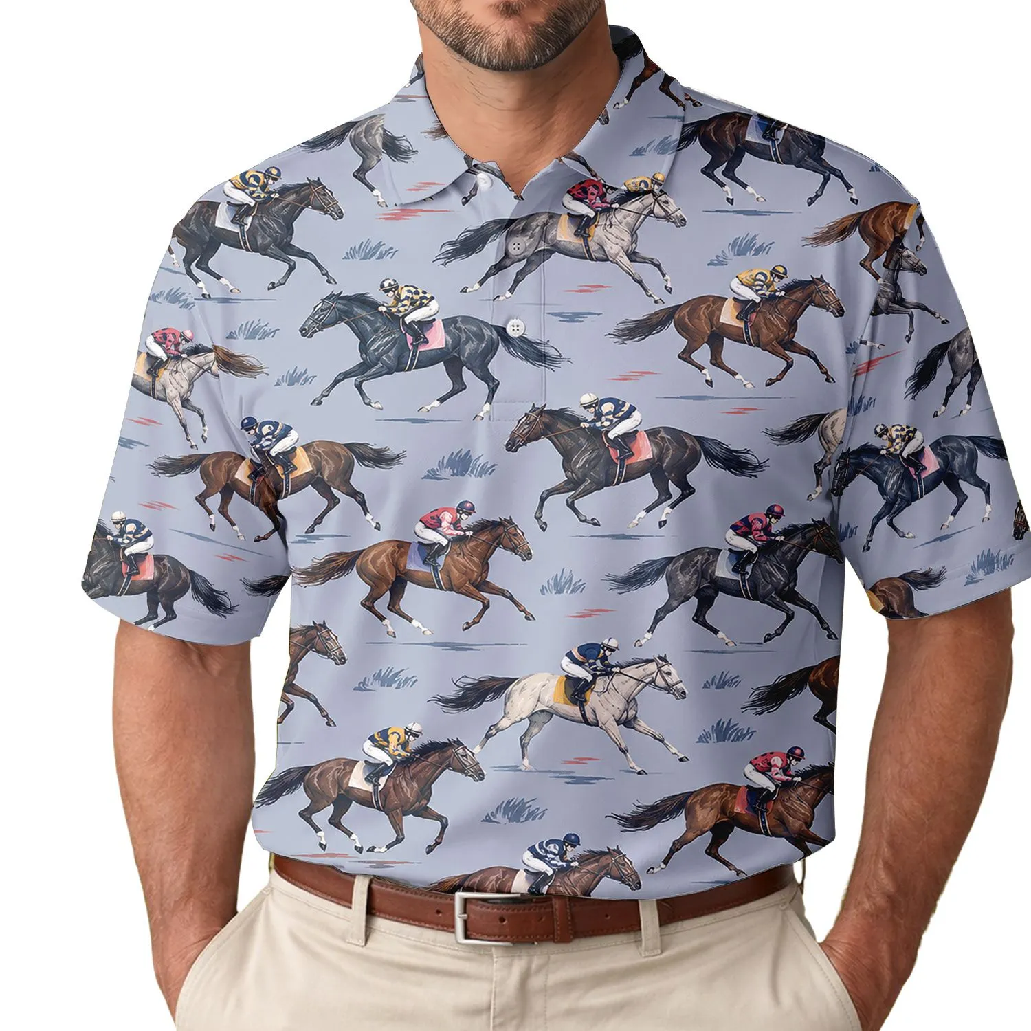 Horse Racing Jockeys and Thoroughbreds for Derby Day Style and Racetrack Enthusiasts Men's Polo Shirt - 1