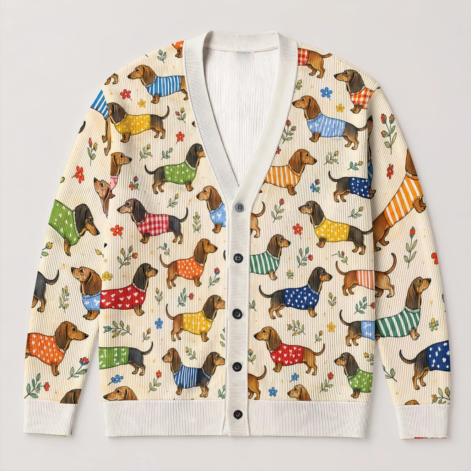 Colorful Dachshund Sweater Dogs For Cheerful Everyday Layering, Women’s Gift Idea For Her All-over Print Knitted Cardigan - 1