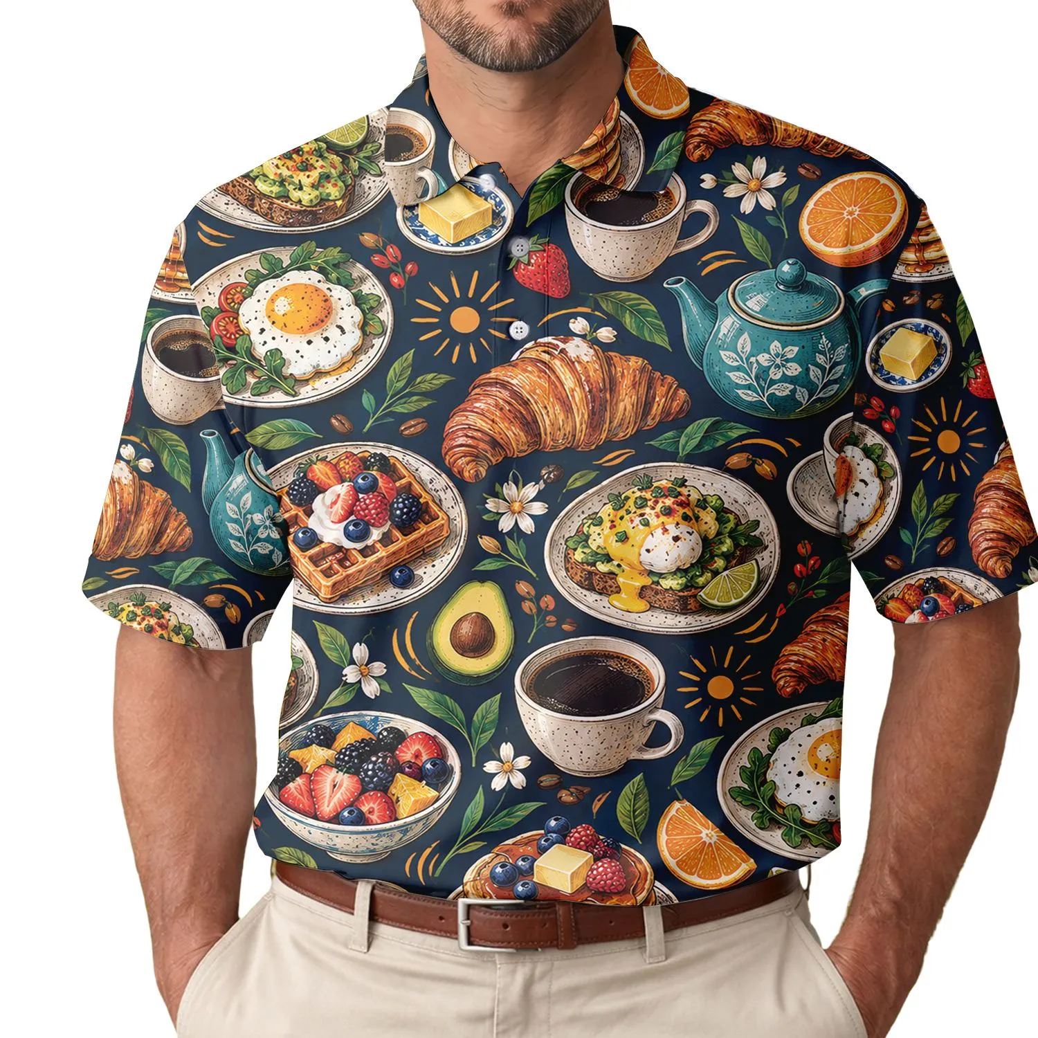 Brunch Food Icons for Weekend Golf Outings, Cafe Days, and Relaxed Resort Travel Men's Polo Shirt - 1