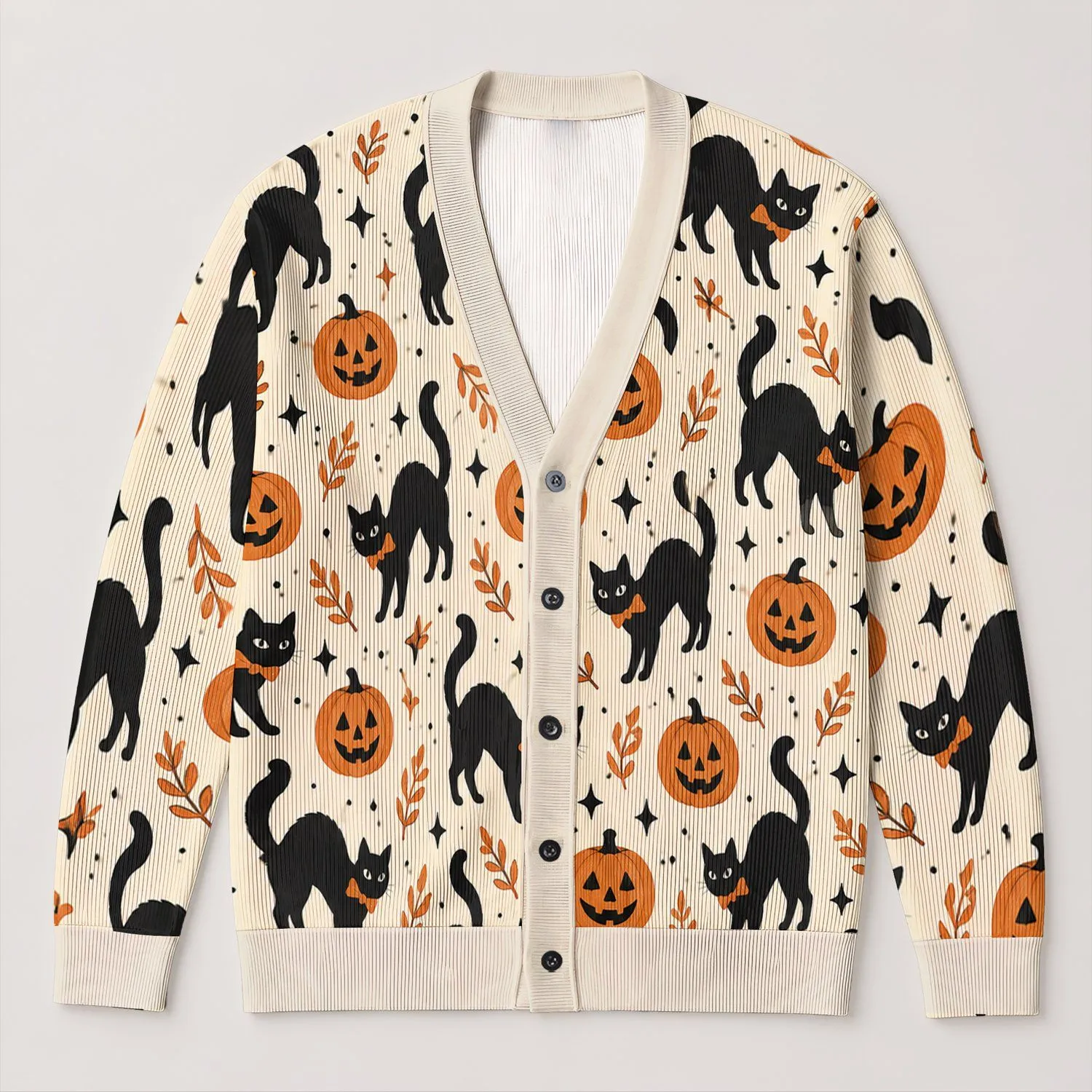 Black Cat Pumpkin Halloween Style For Women’s Autumn Layering And Fall Outings All-over Print Knitted Cardigan - 1