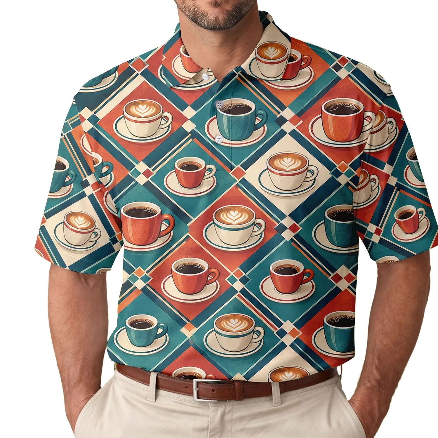 Coffee Cup Checkerboard for Golf Days and Weekend Clubhouse Style for Caffeine Lovers Men's Polo Shirt - 1