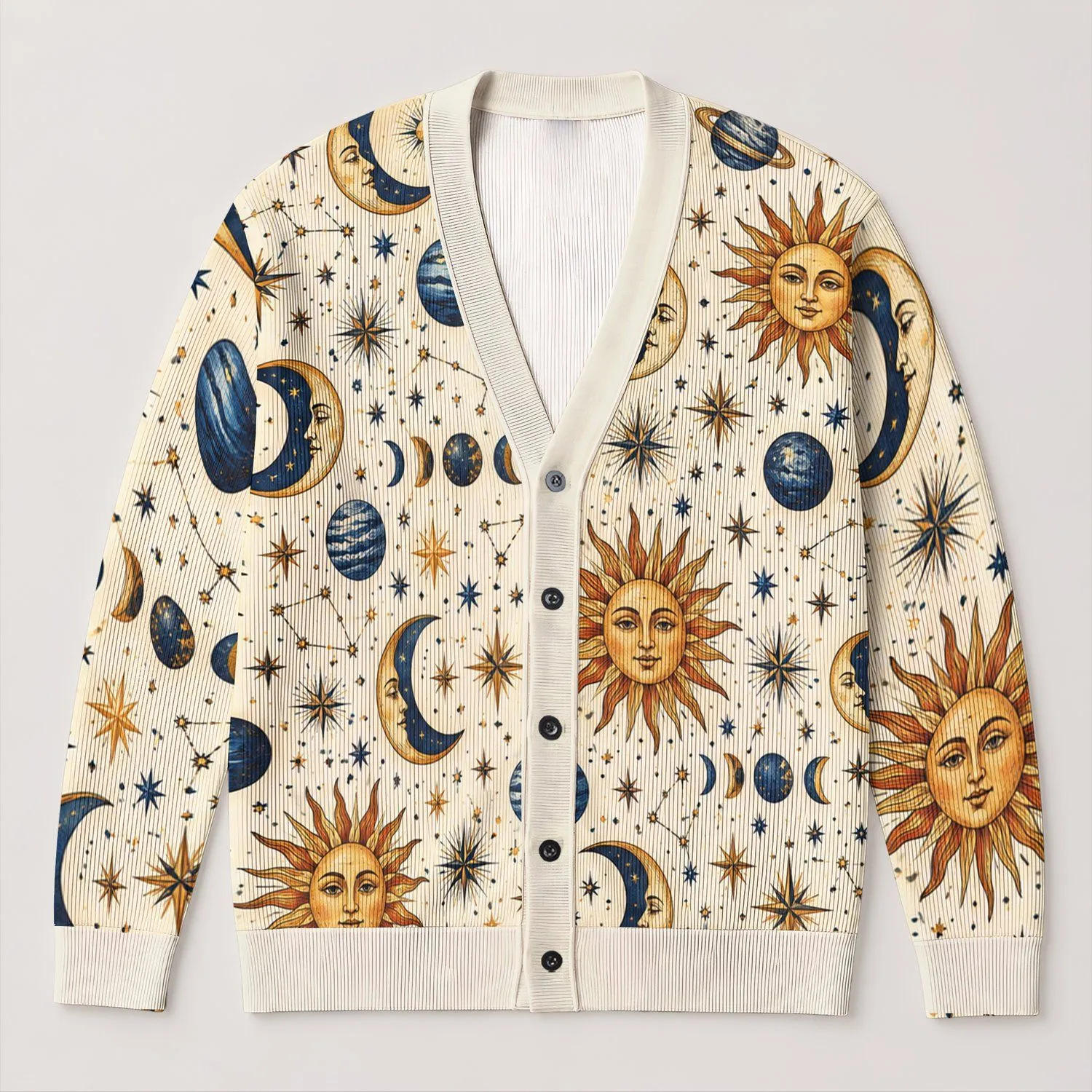 Sun And Moon Celestial Motifs For Casual Layering And Everyday Boho Style Women All-over Print Knitted Cardigan - 1