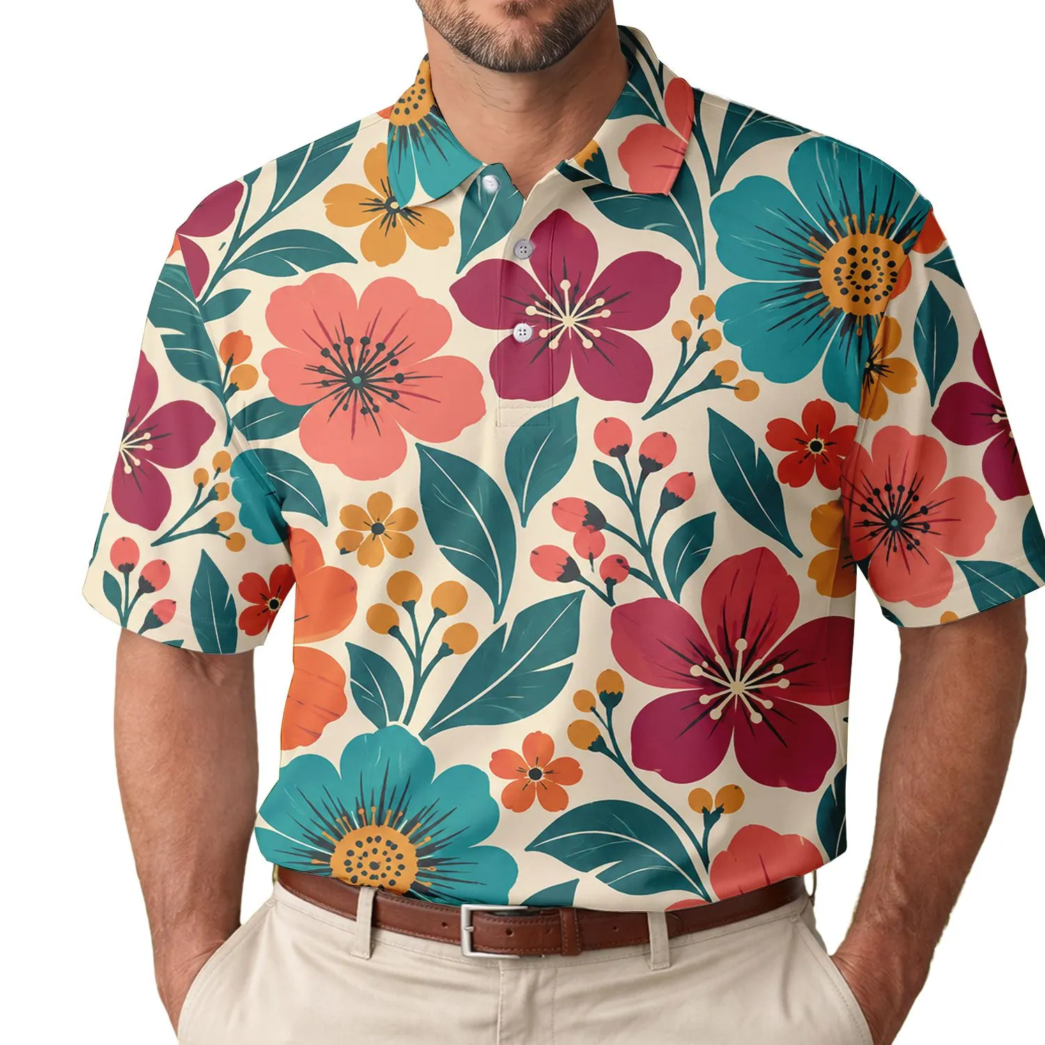Retro 70s Floral Golf Style for Summer Outings and Funky Weekend Resort Wear Men's Polo Shirt - 1