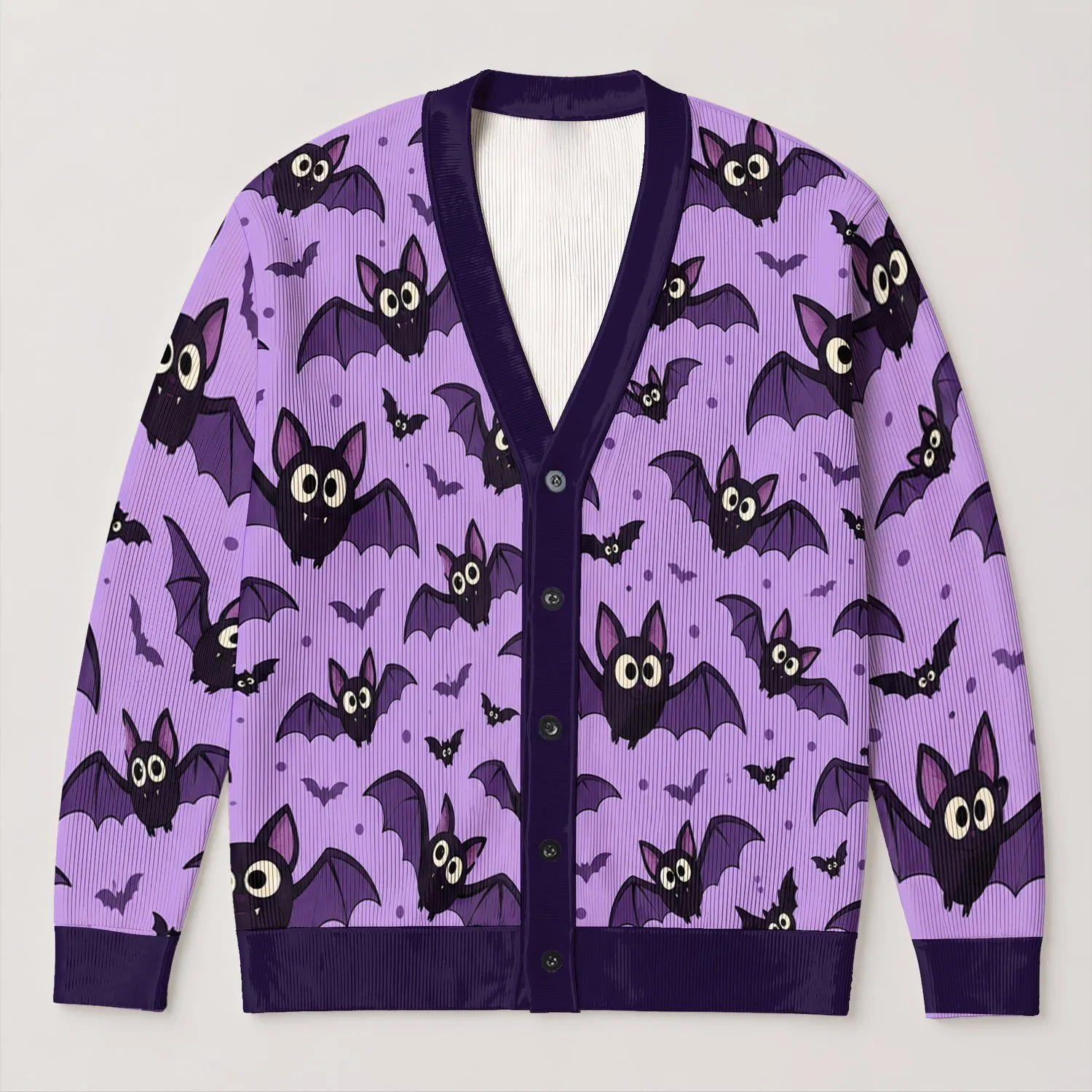 Cute Purple Bat Halloween Style for Cozy Everyday Layering and Playful Gothic Gifting All-over Print Knitted Cardigan - 1