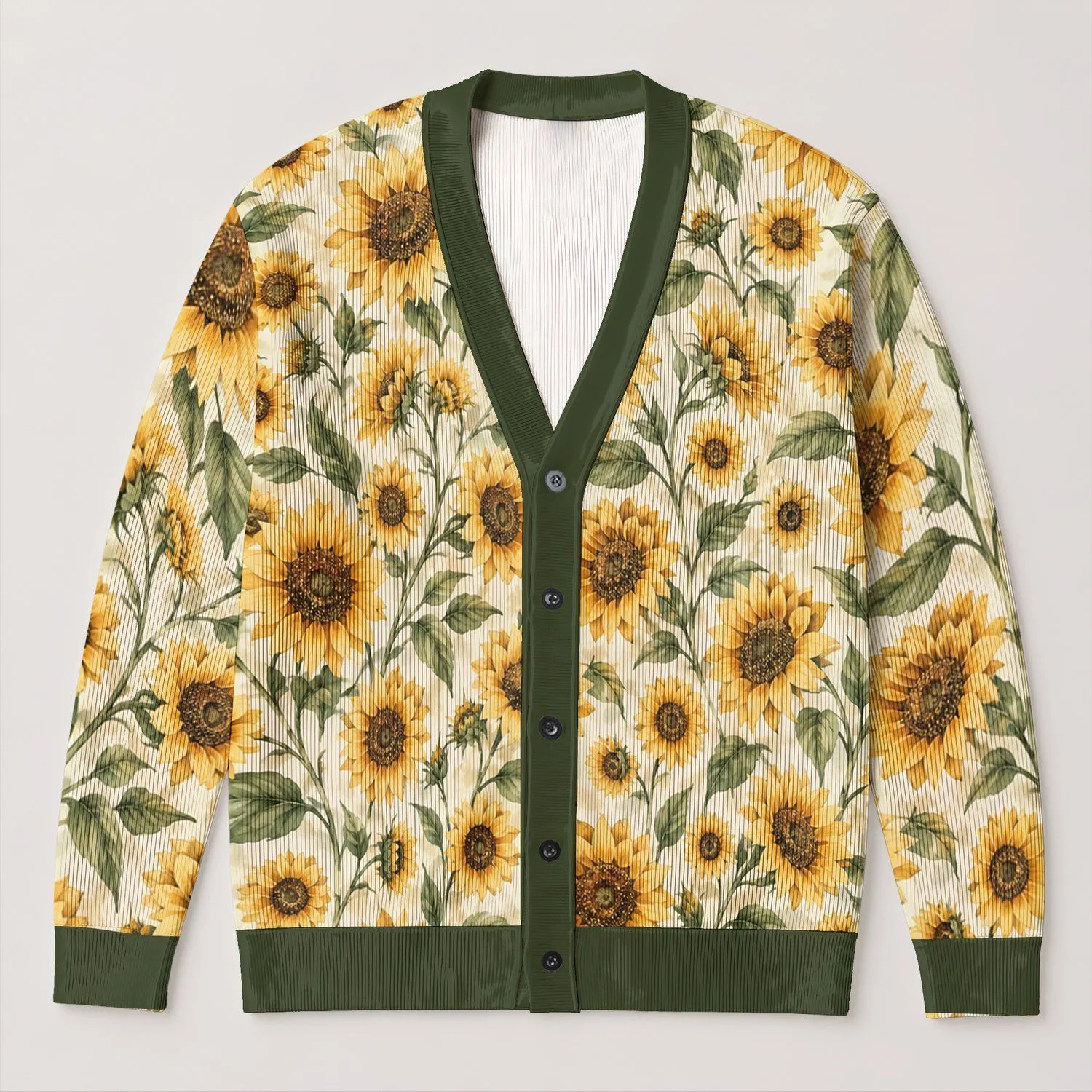 Sunflower and Greenery Motif for Casual Bohemian Weekend Layering, Everyday Women’s Style All-over Print Knitted Cardigan - 1