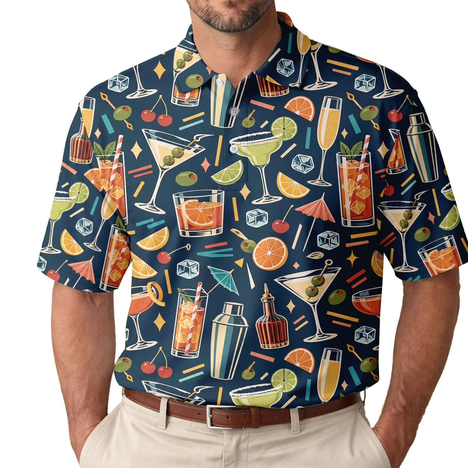 Cocktail Icons and Citrus Drinks for Clubhouse Happy Hours and Summer Resort Leisure Style Men's Polo Shirt - 1