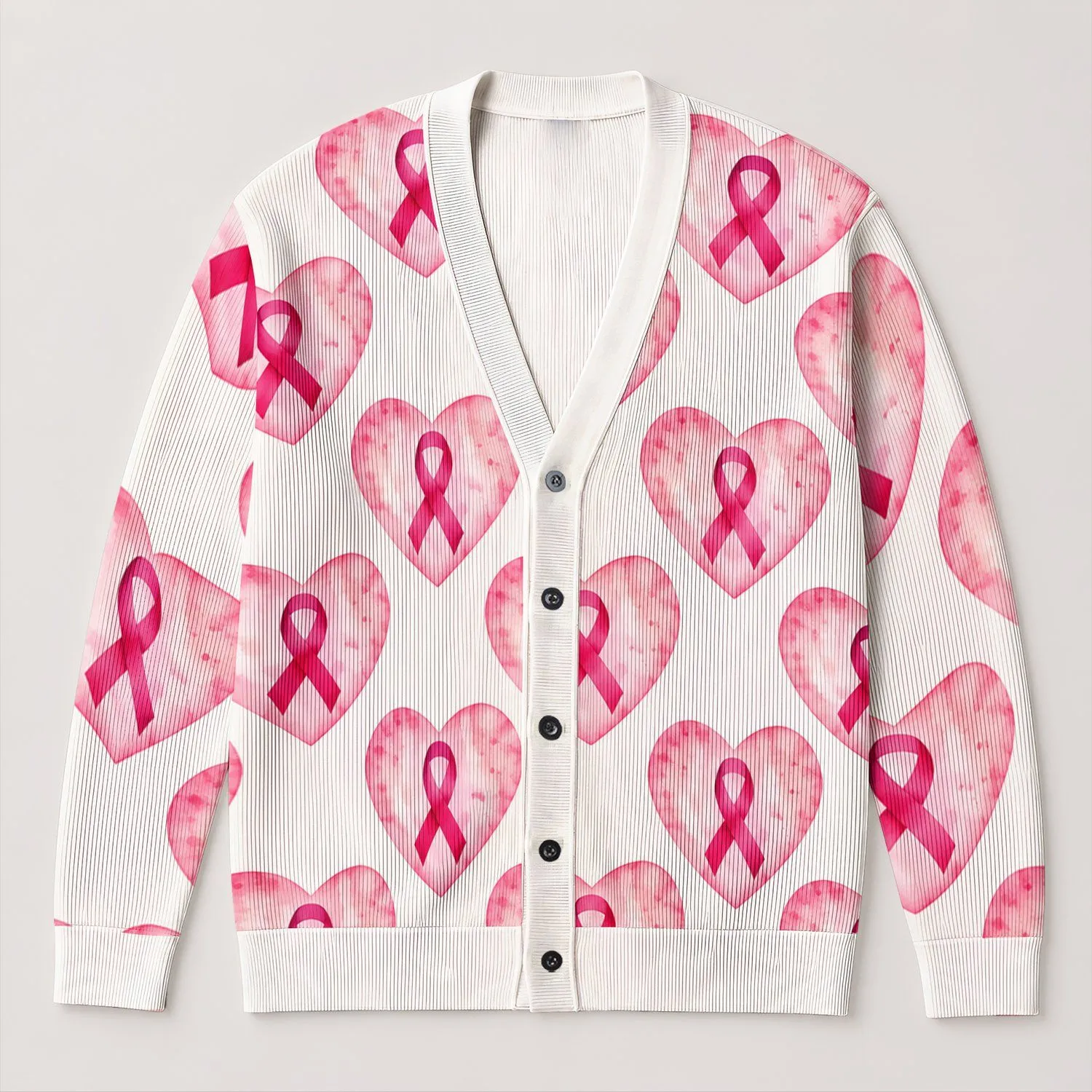 Pink Ribbon Heart Support Gift For Breast Cancer Awareness Women, Survivors And Allies All-over Print Knitted Cardigan - 1