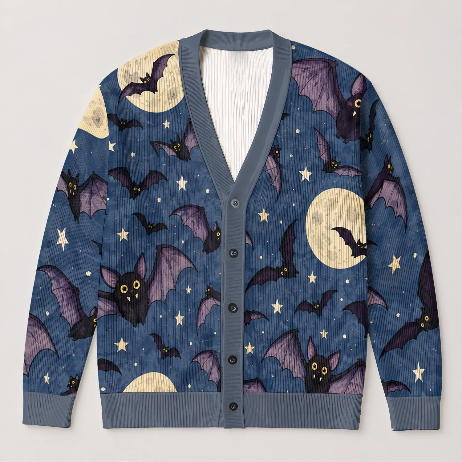 Whimsical Purple Bat Moon Halloween Night Sky Cozy Layering For Women And Teens Everyday All-over Print Knitted Cardigan - 1