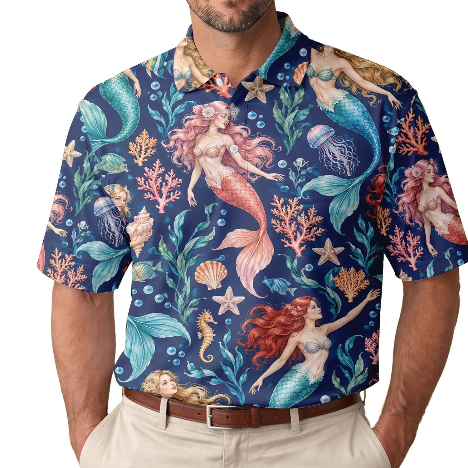 Mermaid Shell Ocean Motifs for Golf, Beach Tennis, and Coastal Leisure for Women Men's Polo Shirt - 1