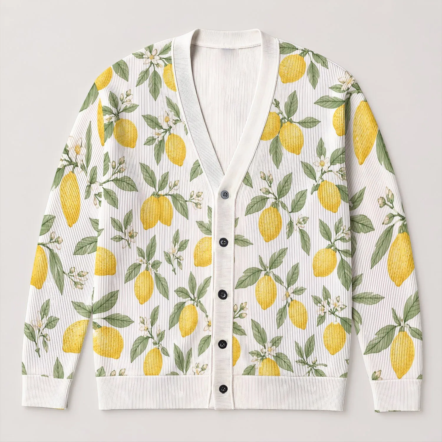Lemon Botanical Motifs for Sunny Holiday Gatherings and Everyday Women’s Layering All-over Print Knitted Cardigan - 1