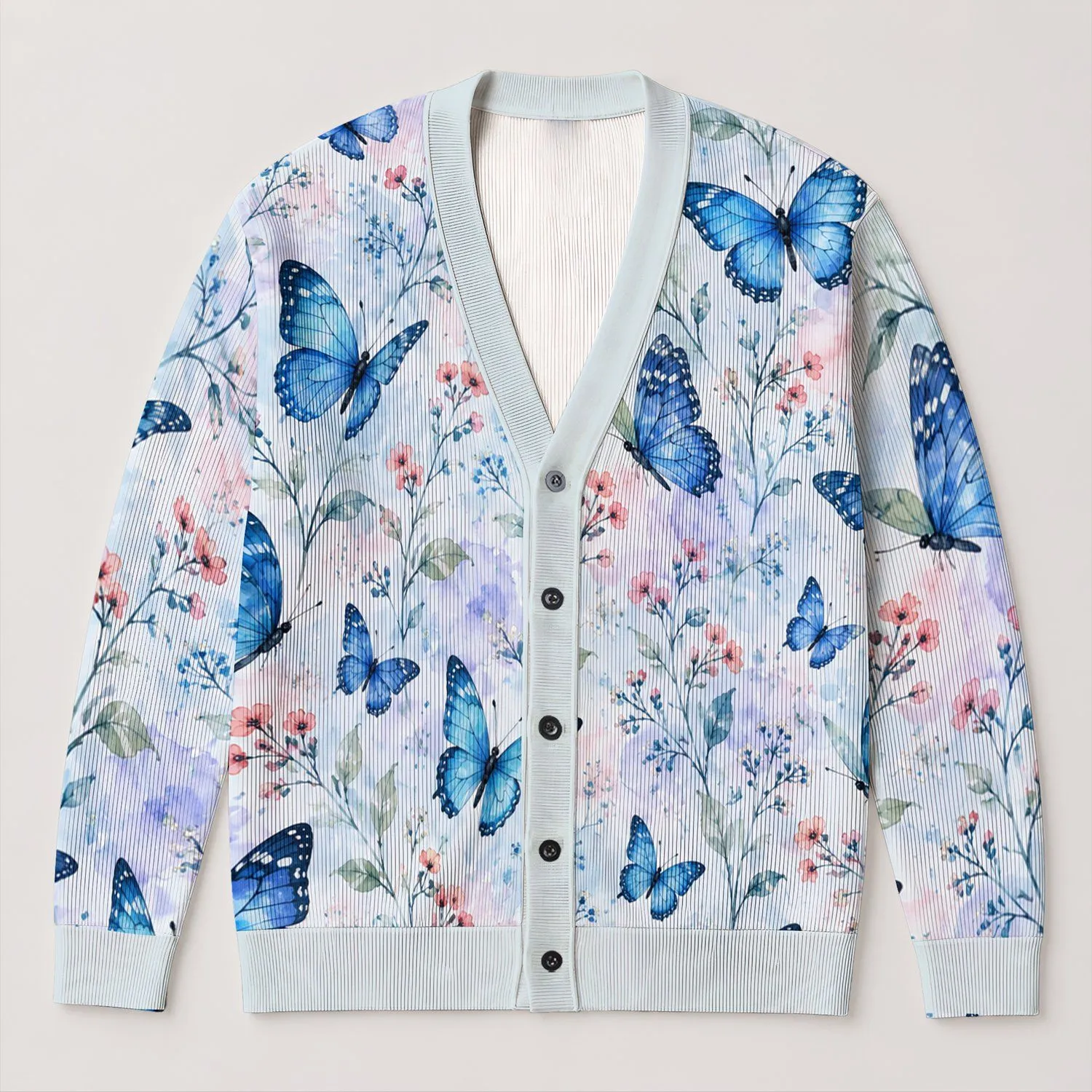 Blue Butterfly Floral Garden for Relaxed Holiday Layering and Everyday Women's Wear All-over Print Knitted Cardigan - 1
