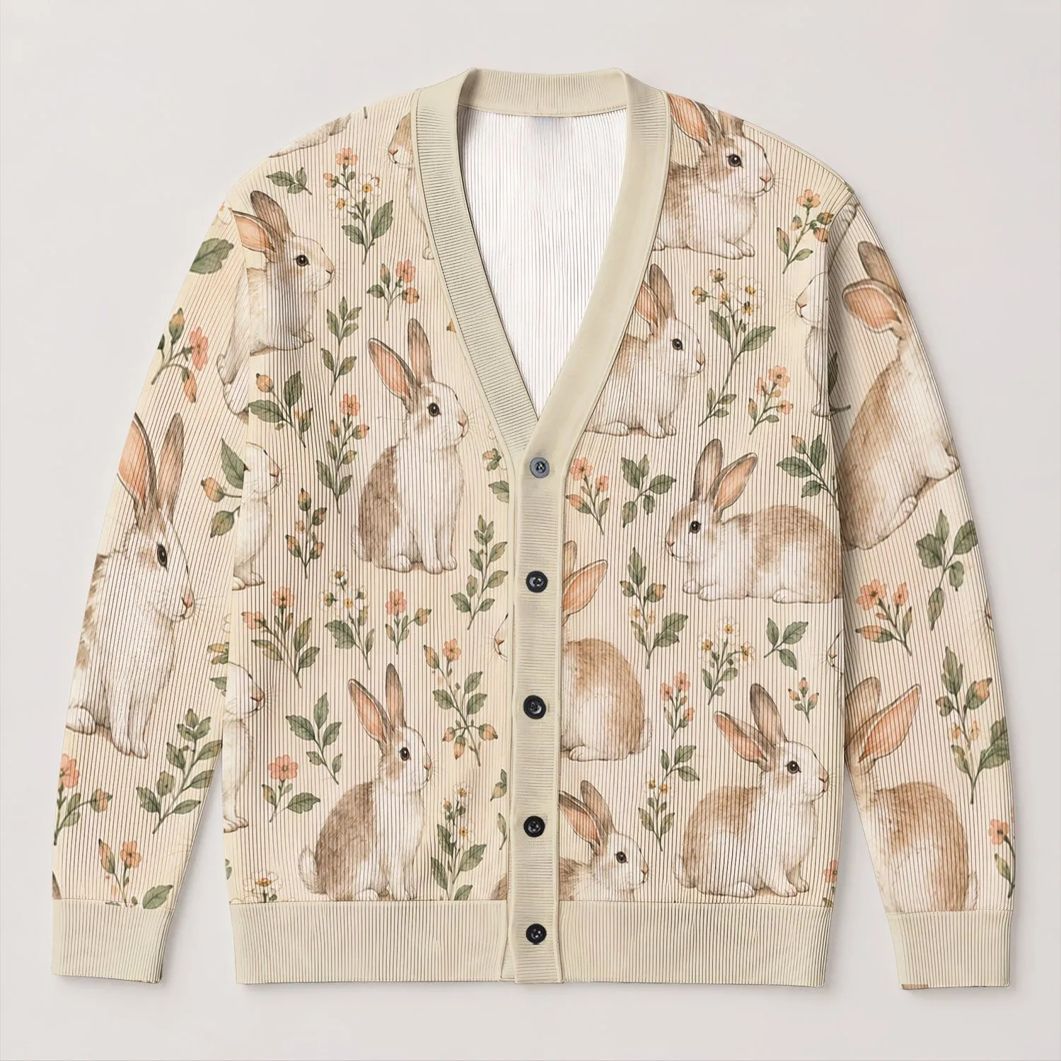 Whimsical White Rabbit Meadow Motifs for Spring Vacation Style and Relaxed Everyday Wear All-over Print Knitted Cardigan - 1