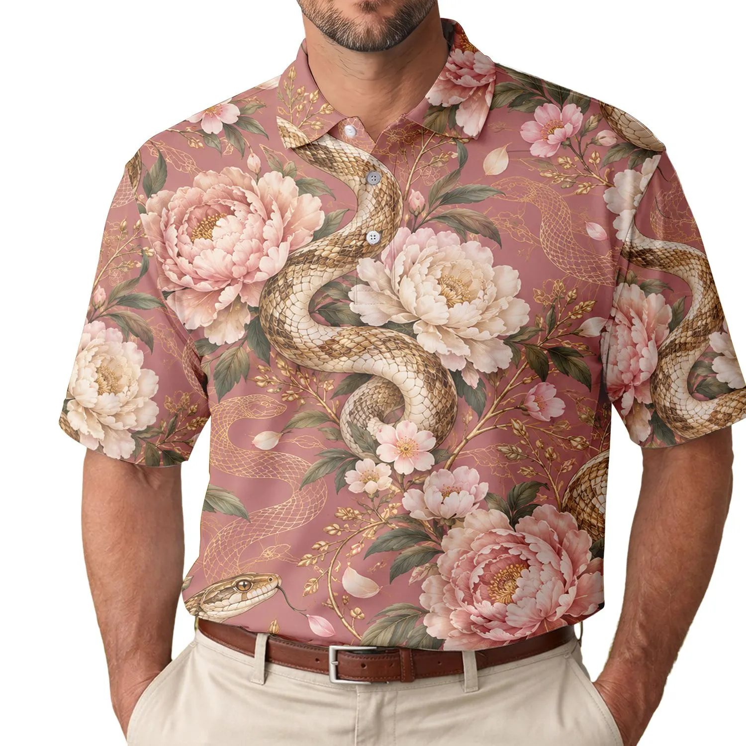 Pink Snake Floral Motif For Golf Days And Resort Sport Style For Women And Tennis Players Men's Polo Shirt - 1