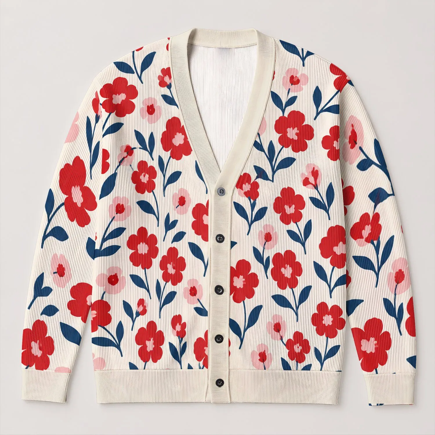 Red Blue Floral Bohemian Everyday Layering Style For Casual Fall Outfits For Women All-over Print Knitted Cardigan - 1