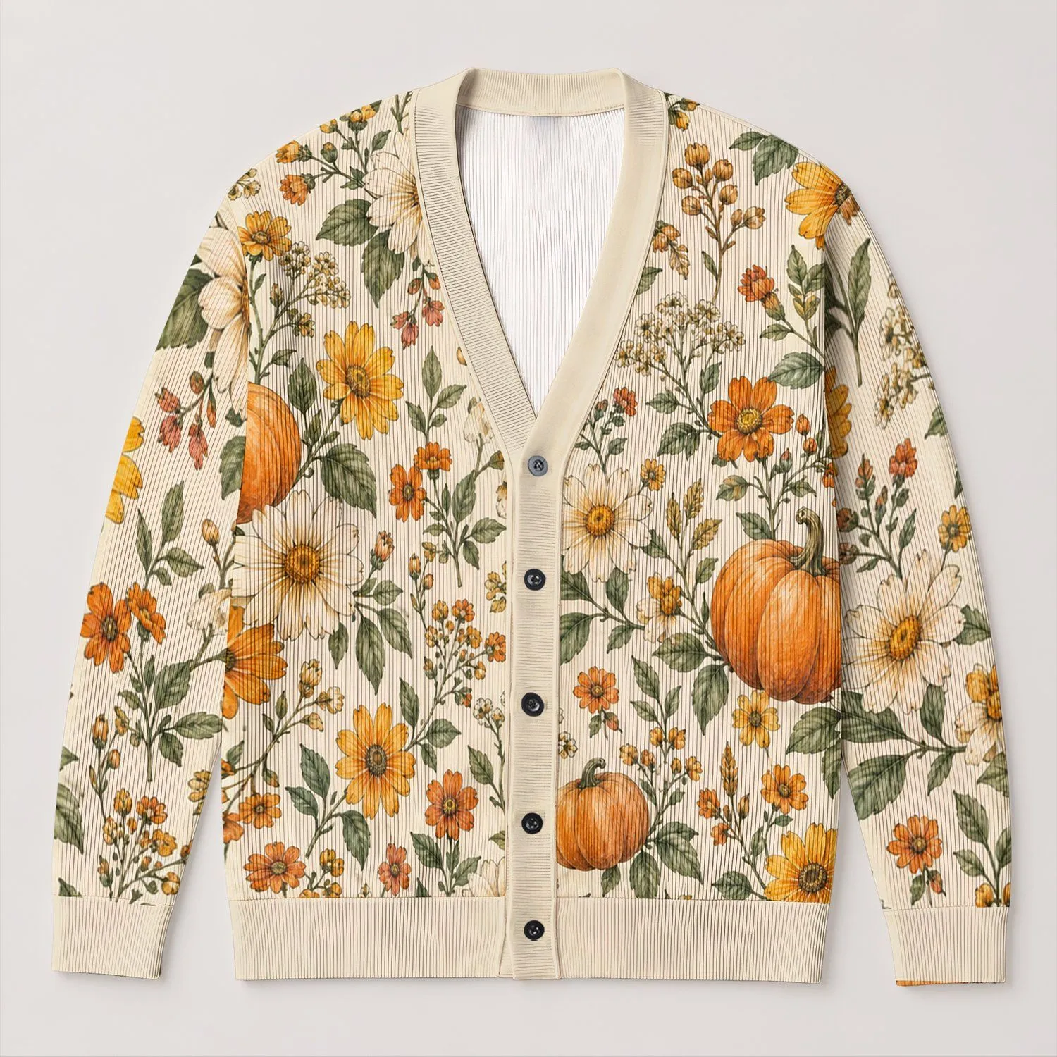 Autumn Daisies and Pumpkins for Cozy Fall Layering, Women's Seasonal Everyday Style All-over Print Knitted Cardigan - 1