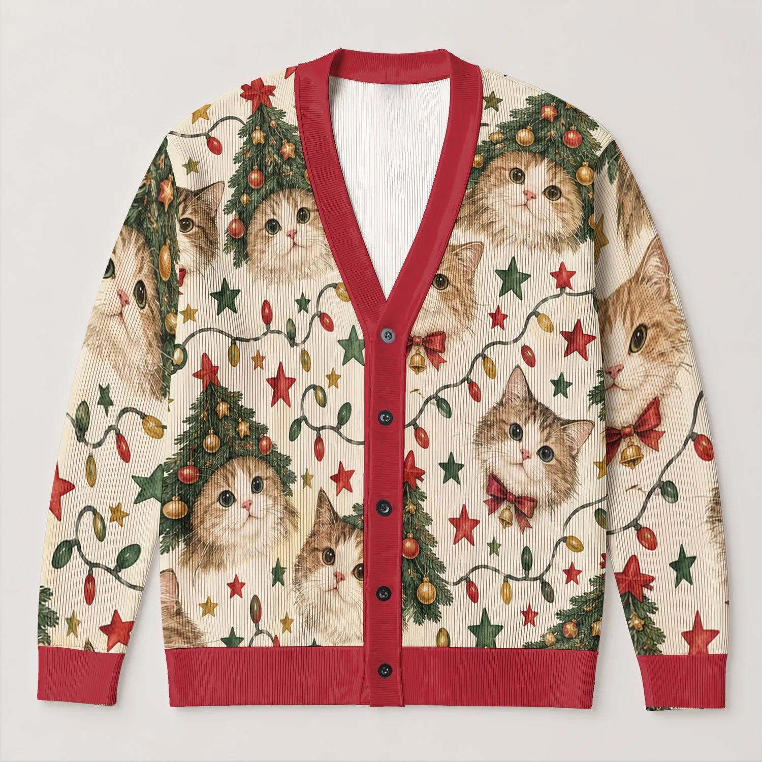 Christmas Cat Trees And Twinkling Lights For Cozy Holiday Gatherings And Winter Days All-over Print Knitted Cardigan - 1