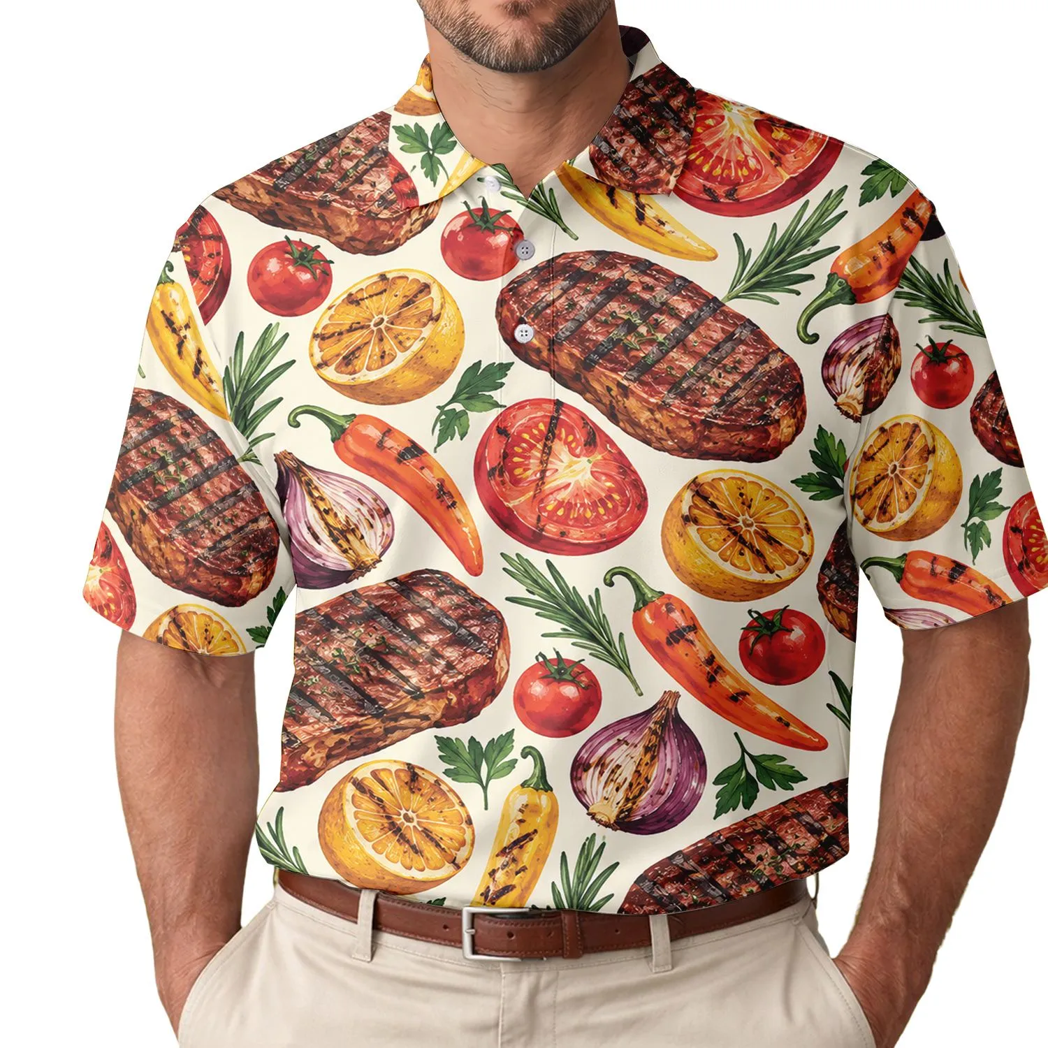 Grilled Steak Tomatoes And Citrus Cookout Style For Summer Golf And Barbecue Lovers Men's Polo Shirt - 1